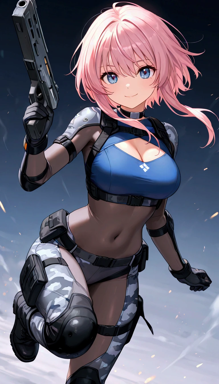 style of metal gear solid, (detailed intricate full cover tactical helmet:1.3), (pink hair), cowboy shot, dynamic pose, 1girl, solo, ray tracing, (masterpiece), (best quality), (detailed), (detailed tactical gear:1.1), (body armor:1.1), combat pants, gloves, (intricate background:1.1), 
