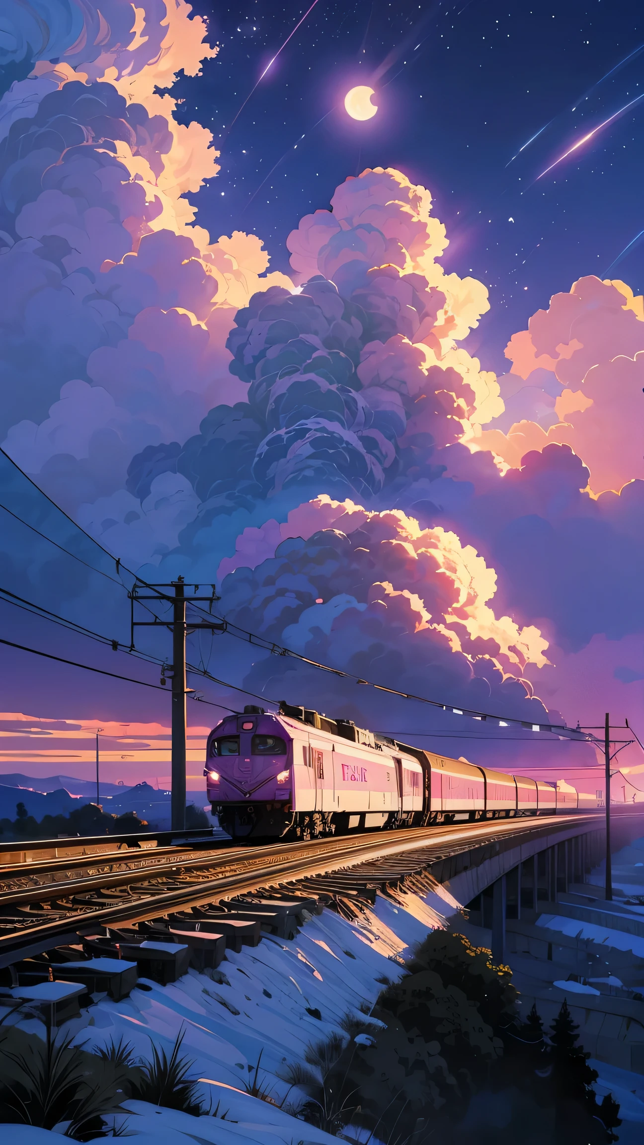 anime scenery of a huge train running on a vast winter plains under a starry night, purple pink sky , Half Moon, train,winter, Snowy,train focus, girls of height below look thick but , anime art wallpaper 4k, anime clouds , Xin Haicheng cyril rolando, author: Sylvain Sarai , anime art wallpaper 8k , 4k highly detailed digital art,