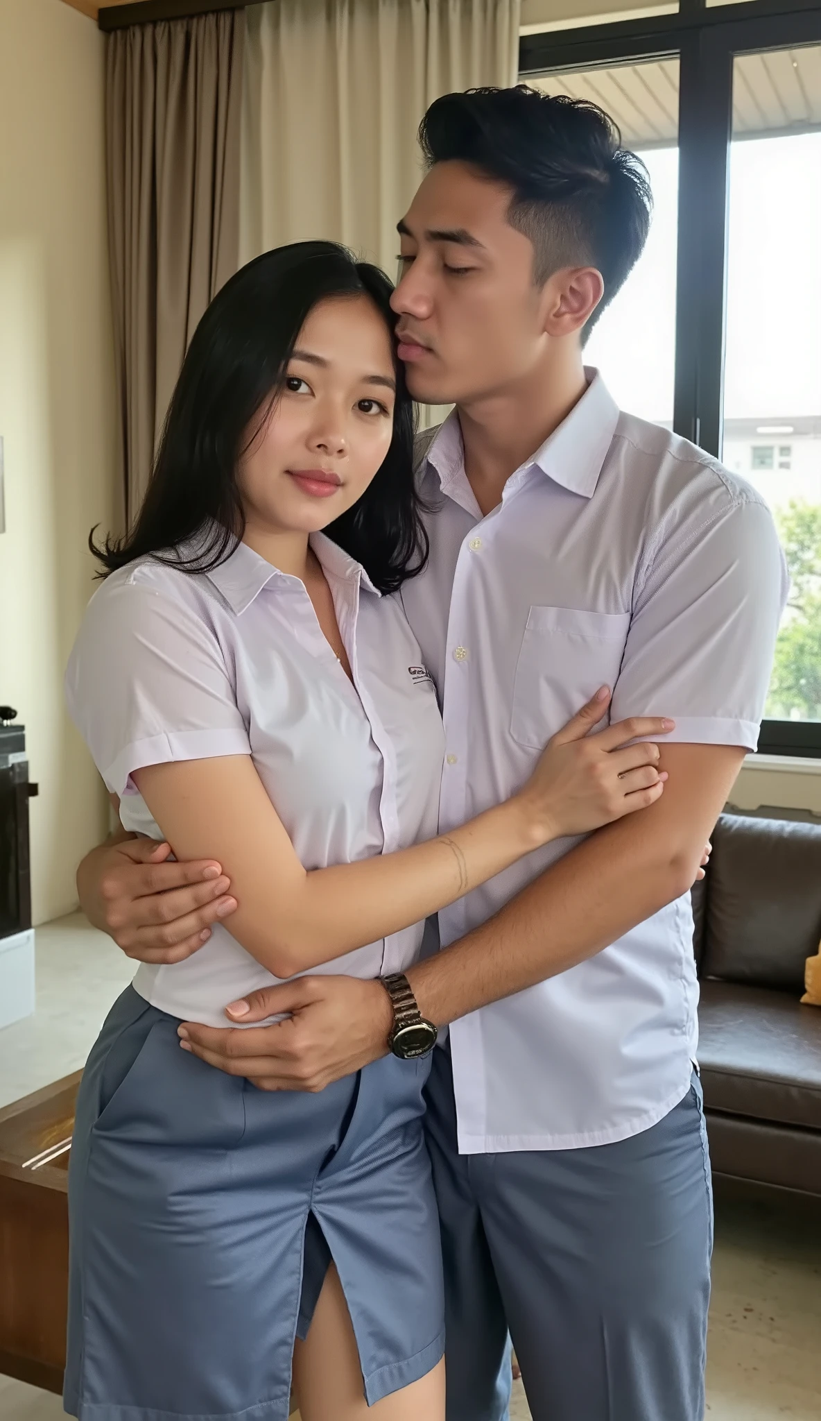 hotel suite with windows, indonesian cute ite girl 19 years posing sexy, small figure, standing and hugging with naked man, he kisses her neck, love hotel room, photo shoot, realistic, the shirt 2 buttons is open, big boobs, very short hair, daylight, sweating, foreplay, sweating