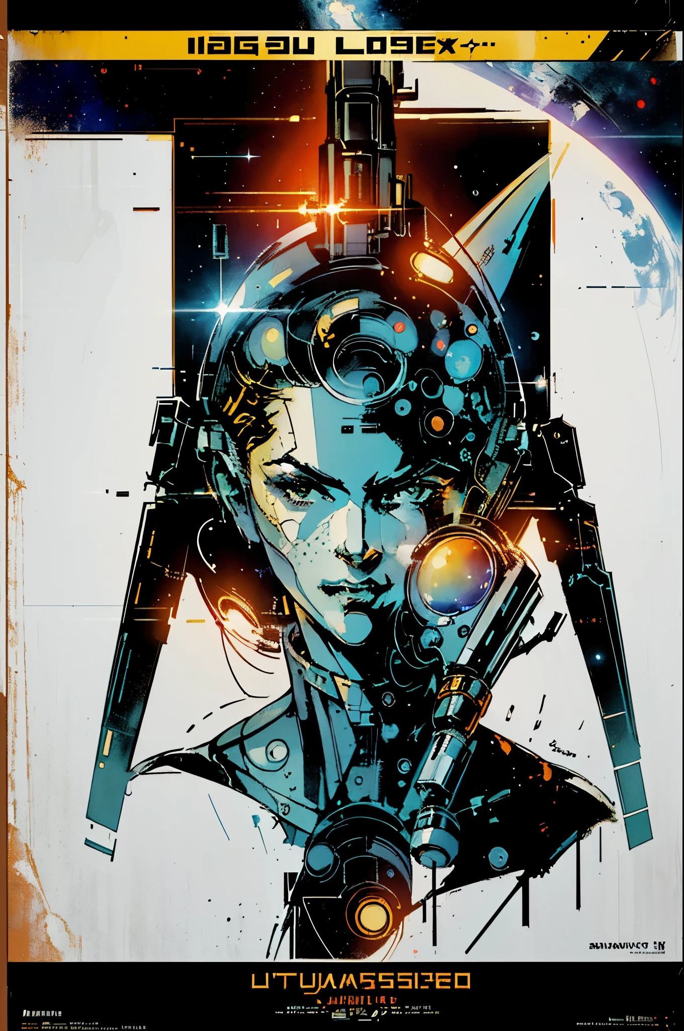 (((masterpiece,best quality))),32K Wallpaper,((( very detailed poster))),retro vintage,sci-fi,(((space thriller cinematic movie poster))),(((Bauhaus))),(((mid-century modern))),(((ultimate galaxy))),(solo1girl :1.2)
