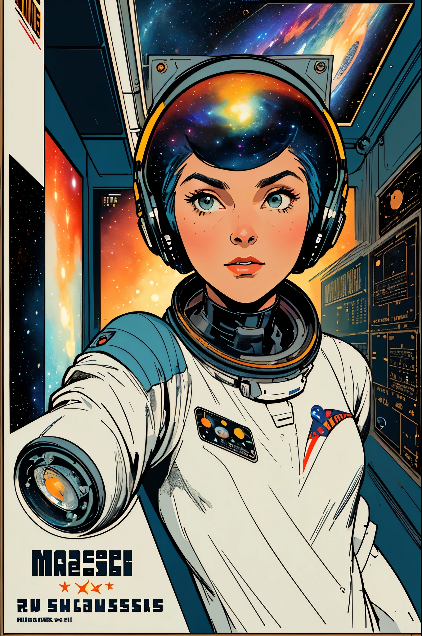 (((masterpiece,best quality))),32K Wallpaper,((( very detailed poster))),retro vintage,sci-fi,(((space thriller cinematic movie poster))),(((Bauhaus))),(((mid-century modern))),(((ultimate galaxy))),(solo1girl :1.2)