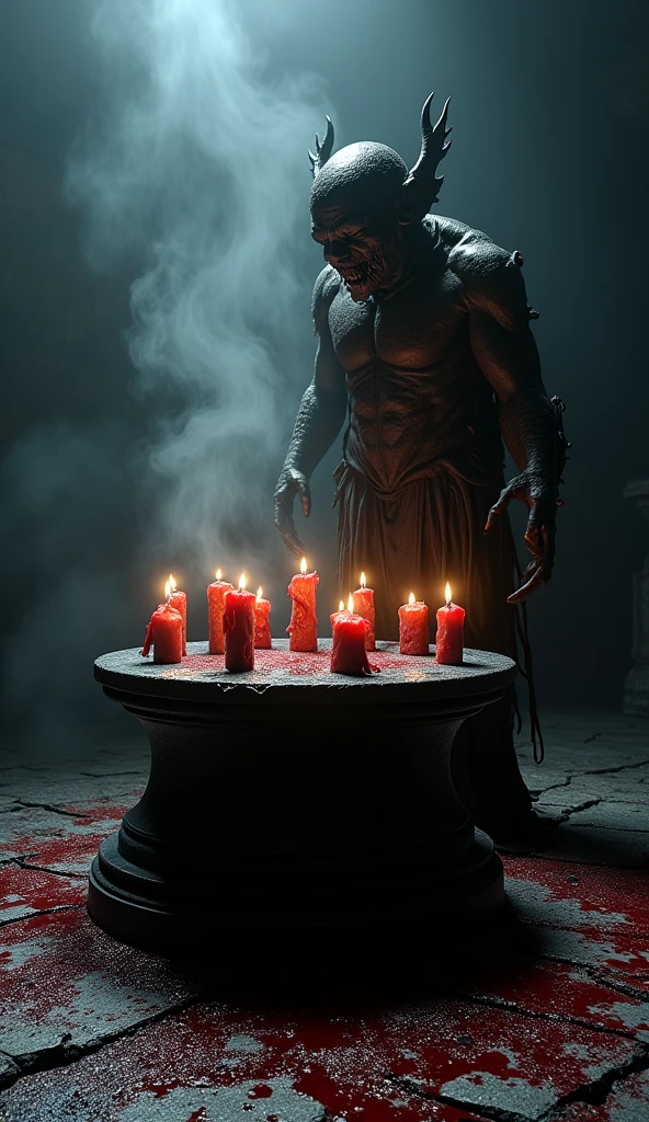 An ultra-realistic and highly detailed image of a humble man who represents God, sitting at a black stone table and playing golden chess with a demon. The surroundings are dark and the background is completely black only showing the reflection of another man watching the game. The photo was taken from the side, shows the two players and the watching Man . The man playing is dressed in light clothes with gold details.The man watching appears worried. The demon is dressed all in black, has a pointed tail and a pair of black horns, fire comes out of him. The scene was filmed on a Sony A7R IV camera with a 24-70mm f lens/2.8GM, which provides incredible clarity and richness of detail. The lighting is impressive, the spotlight illuminates the chessboard and the contrasting figures of an angel and a demon. The ratio is 16:9 -imagine
