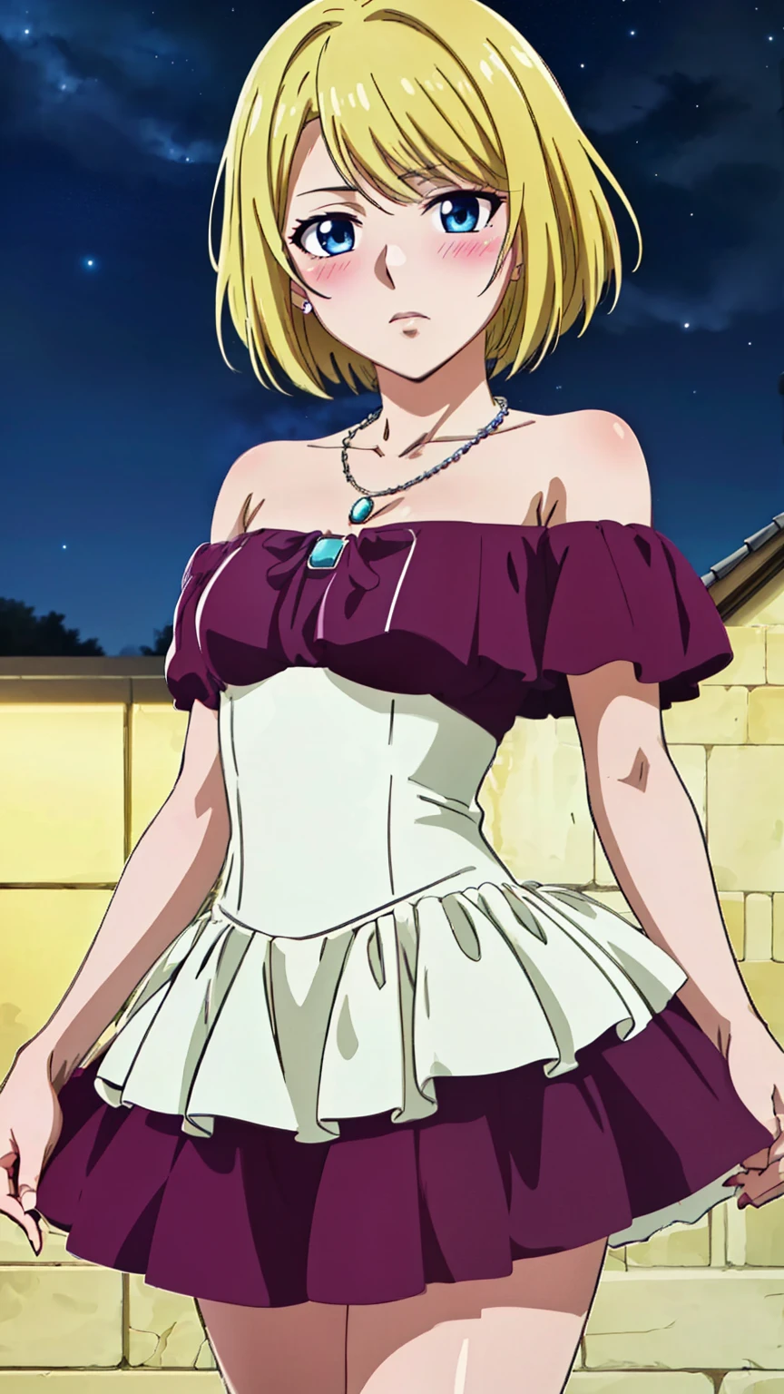 (Top quality, masterpiece, 8k), (Realistic skin texture), (anime coloring), Very detailed, very detailed, perfect face, beautiful eyes, perfect eyes, detailed eyes, feature large highlight, detailed face, ultra-detailed, detailed eyes, symmetrical eyes, (Dynamic angle), (expressionless), Sharp details, sonokata misuzu, blonde hair, short hair, (((short stature))), (small medium breasts:1.2), healthy skin, (half closed eyes:0.8), (mature face:1.4), (nffsw), (off shoulder dress, tiered skirt, mini skirt, frills, collarbone, necklace, jewelry, night sky, blush), (cowboy shot:1.5), looking at the viewer, in the center of the image