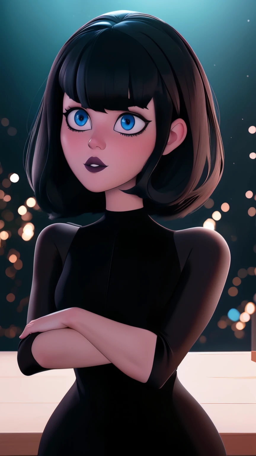 (best quality:1.4),(shiny skin), body focus, (cute face), (((best quality))), illustration, ((Beautiful Finger)), , Beautiful body, Beautiful character design, ,perfect lighting, Colorful, Bright_Front_face_Lighting, ultra high res, highres, absurdres:1.2, bokeh:1.2, lens flare, (vibrant_color:1.2), (thick thighs:1.1), THICK, Black hair with bangs, pale skin, large round blue eyes, black eyeliner, black lipstick, neutral expression, brown sleeveless dress