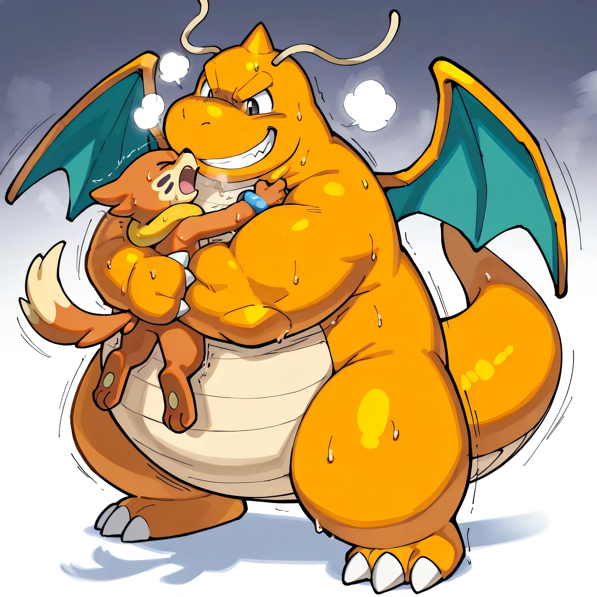 4k ultra quality, 4k full body view,masterpiece quality, large dragonite, small buizel, wrestling, bearhug, choke_hold,(dragonite is giant bulky fat, very large body, open eyes, evil grin, carrying person, hold up, arched back, sweaty, steamy breath, fatty arm, tighten arm, choking with arm, behind buizel), (buizel is very small build, young, pain, close eyes, open mouth, raise arm, waist between arms), face each other, motion blur, motion line, break, from front