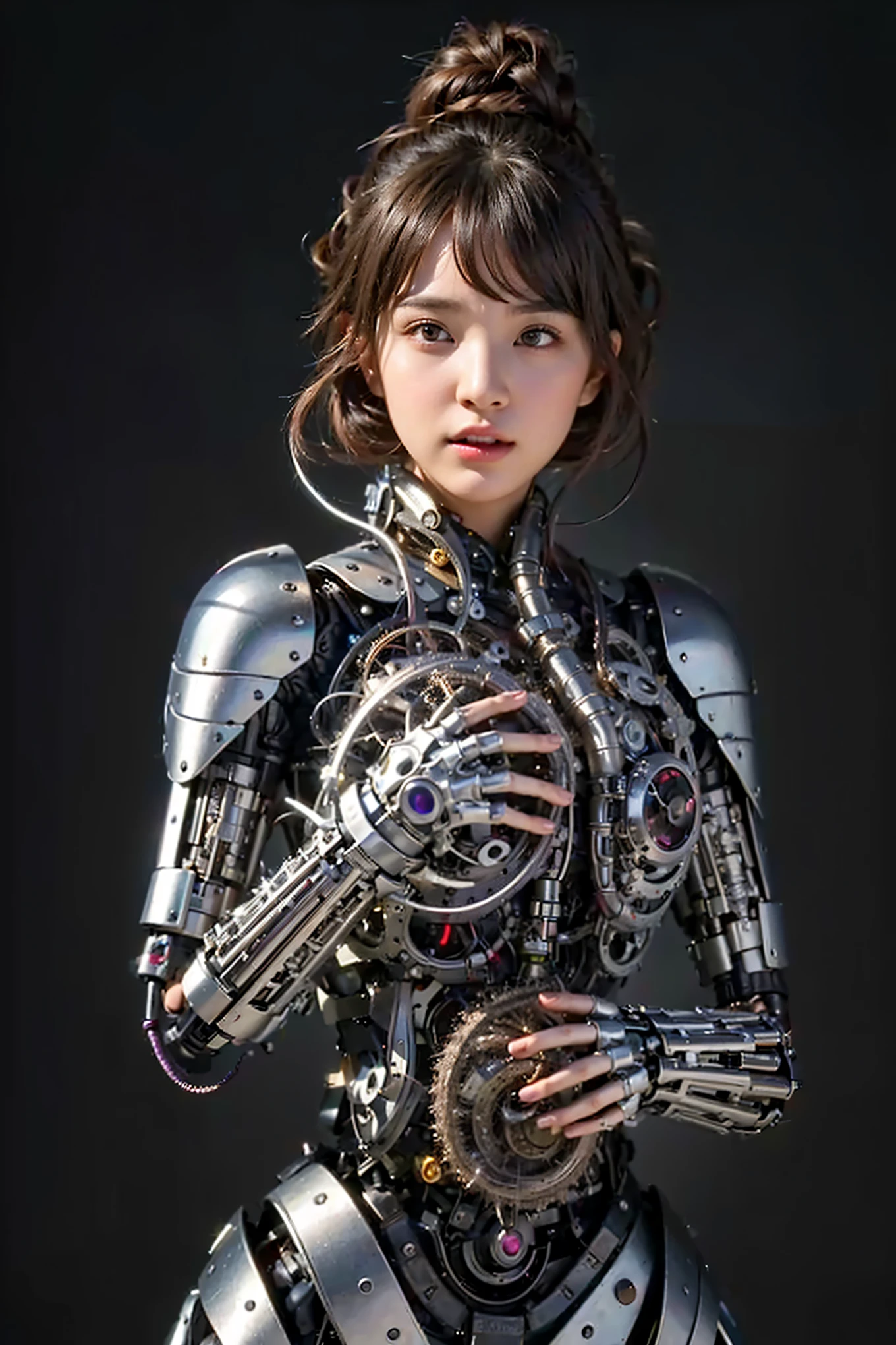 (Completely live action:1.37), (Amazingly realistic textures:1.37), (masterpiece, best quality:1.2), (8k uhd, 16k, 32k, ultra high res), amazingly realistic skin, amazingly realistic photo, superrealism, (photorealistic:1.37), (RAW photo), ultimately realistic, (ultimately realistic all details), (ultimately realistic all textures), super realistic lighting, super realistic shadow, (japanese girl:1.5), ((young face)), smiling, happy, super realistic face, ultimately realistic skin, ultimately realistic eyes, (mascara:1.35)ultimately realistic background, ultimately realistic detail up, kkw-ph1, ((drooping eyes, cyberpunk-style cyborg girl, amazingly intricate details, Anatomically perfect hands, mechanical body, silver knight armor, ultra glossy texture, purple hair))