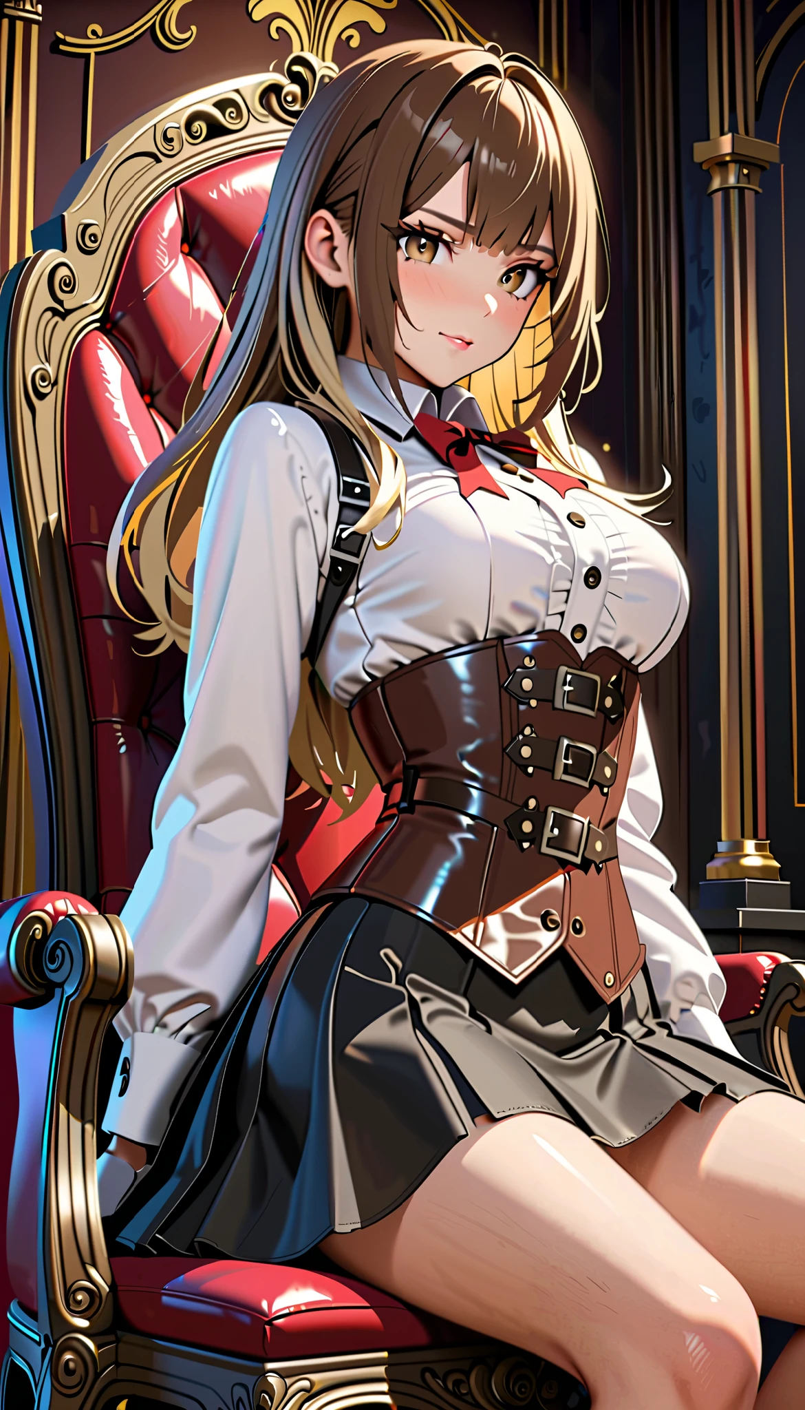 ((( Masterpiece)))、(( top quality))、( very detailed)、(CG illustration)、( so beautiful ))、 cinematic lights with nutella 、((( 1 Mechanical Girl )))、 SF、Apocalypse、Erotic and grotesque、graduate School(Beautiful and luxurious:1.2)、( in the seat:1.3)、 facing forward, ( double breasted, underbust with a humiliating face:1.2), button gap ,((( CORSET BELTS ))),((( High Waist Skirts,)))