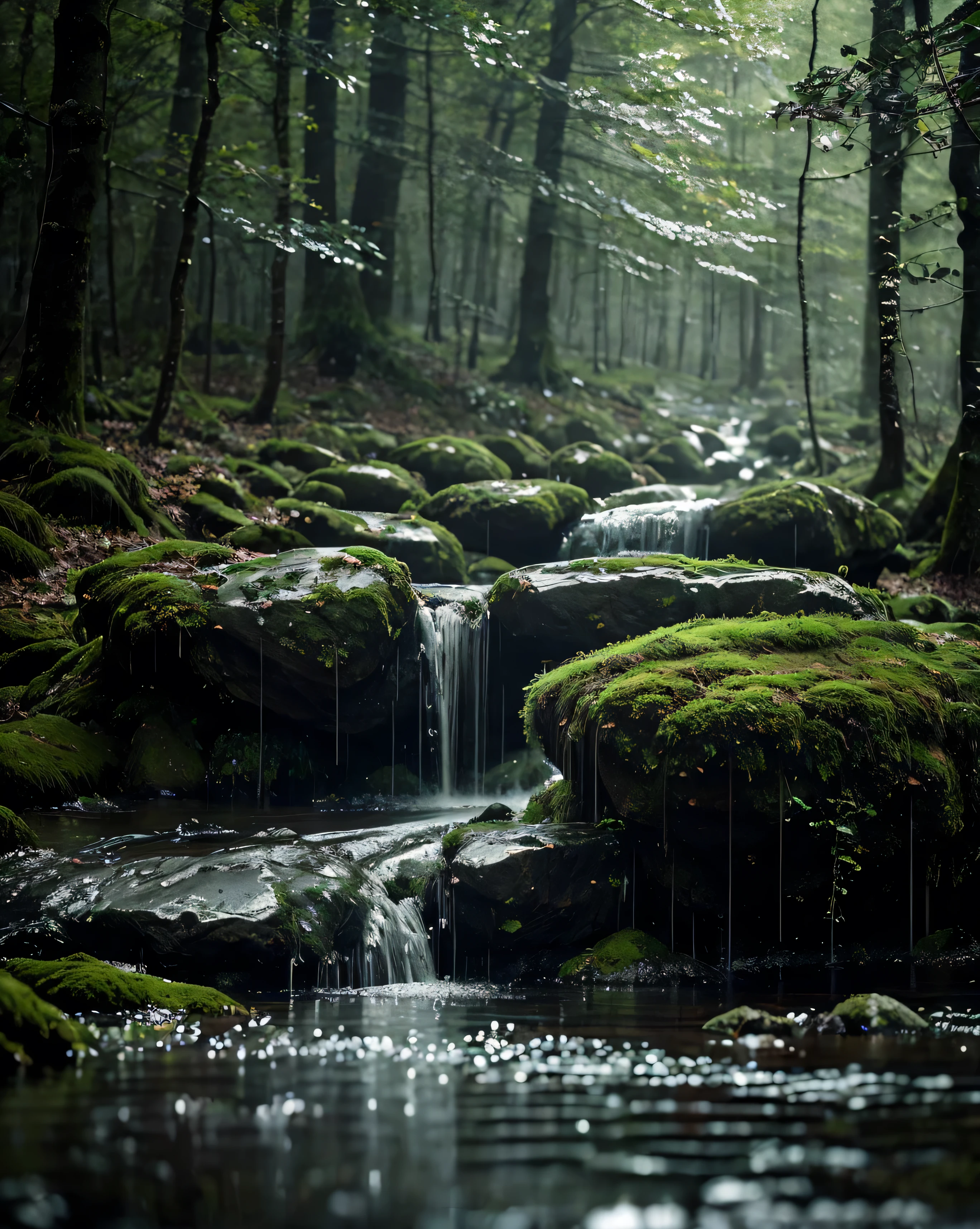 Rain drops slowly , wets the sparkling foliage in the faint light . Thin mist drifts between the trees , creates a magical atmosphere that seems to whisper the secrets of nature. boulders , shrouded in soft moss , lines silently on the damp ground . In the distance , the mountain stands dashing , its peaks faintly covered in low clouds . The blurry foreground amplifies the depth , invites the eye to trace the tranquility of the forest eternal .