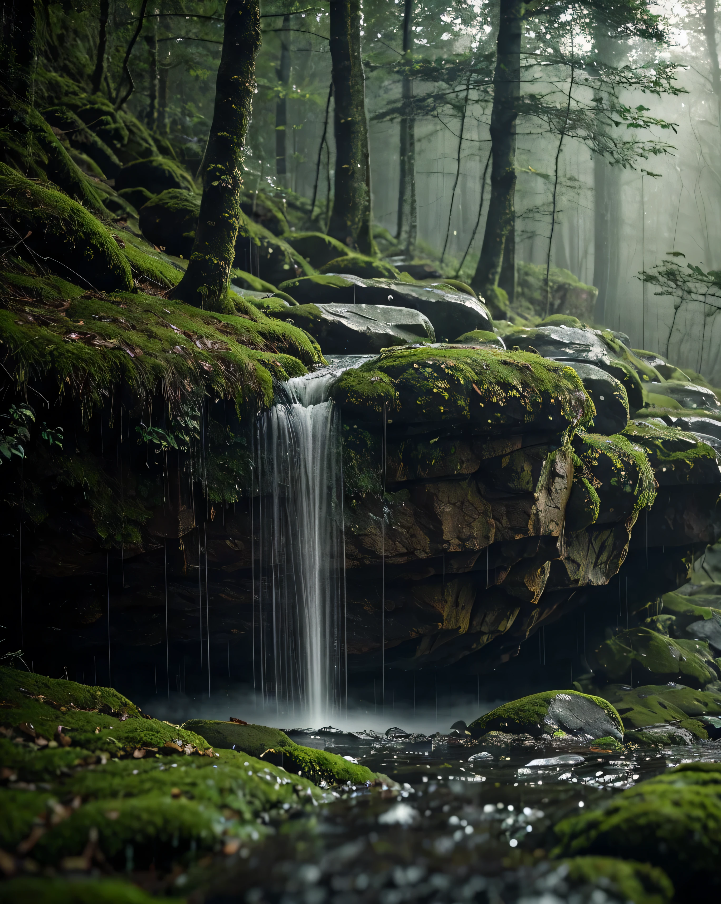 Rain drops slowly , wets the sparkling foliage in the faint light . Thin mist drifts between the trees , creates a magical atmosphere that seems to whisper the secrets of nature. boulders , shrouded in soft moss , lines silently on the damp ground . In the distance , the mountain stands dashing , its peaks faintly covered in low clouds . The blurry foreground amplifies the depth , invites the eye to trace the tranquility of the forest eternal .