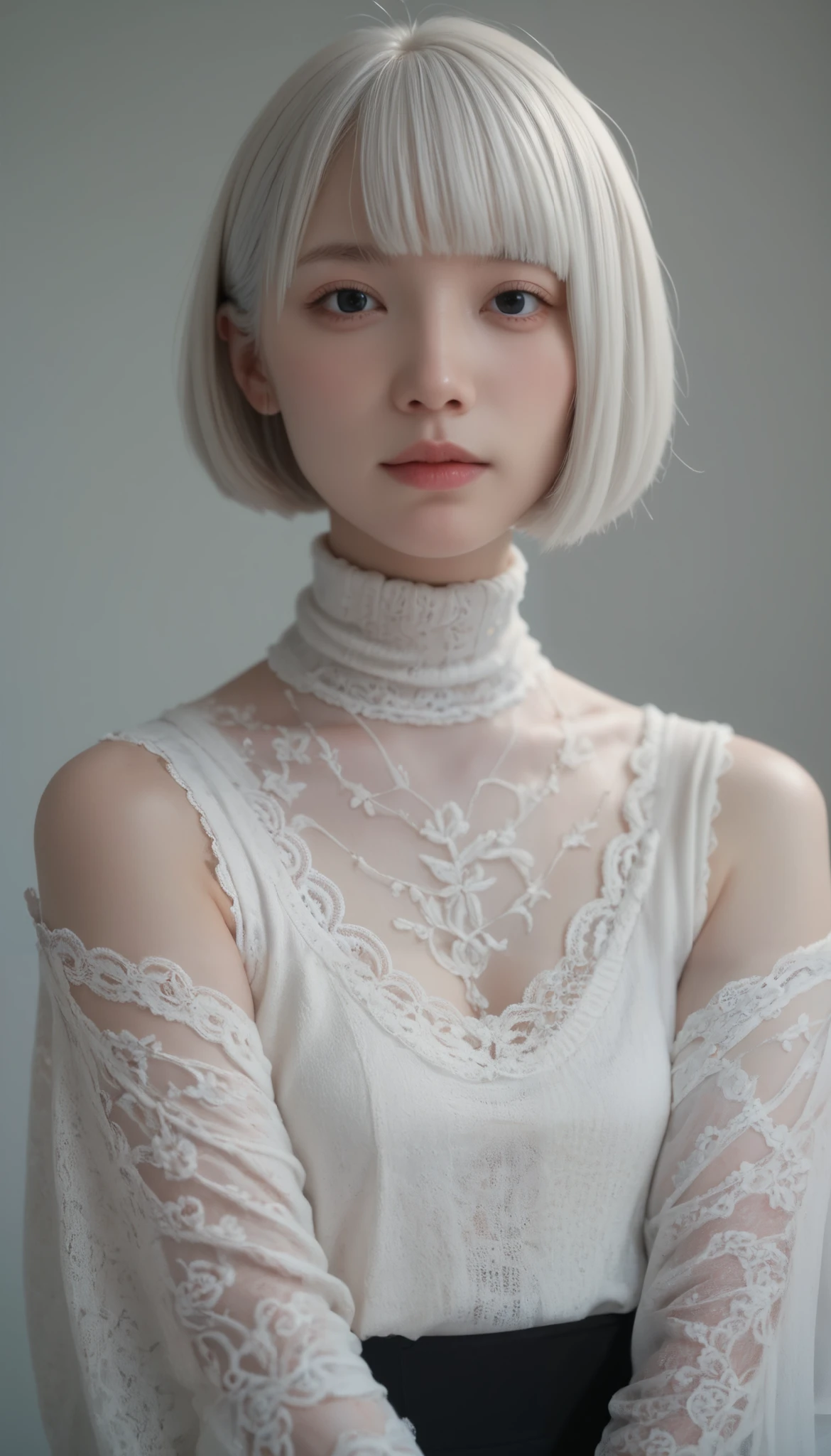 Japanese Girls, Albino Skin , bob-cut gray hair , black eyes,lace fabric turtleneck, White clothes, Artistic, erotic