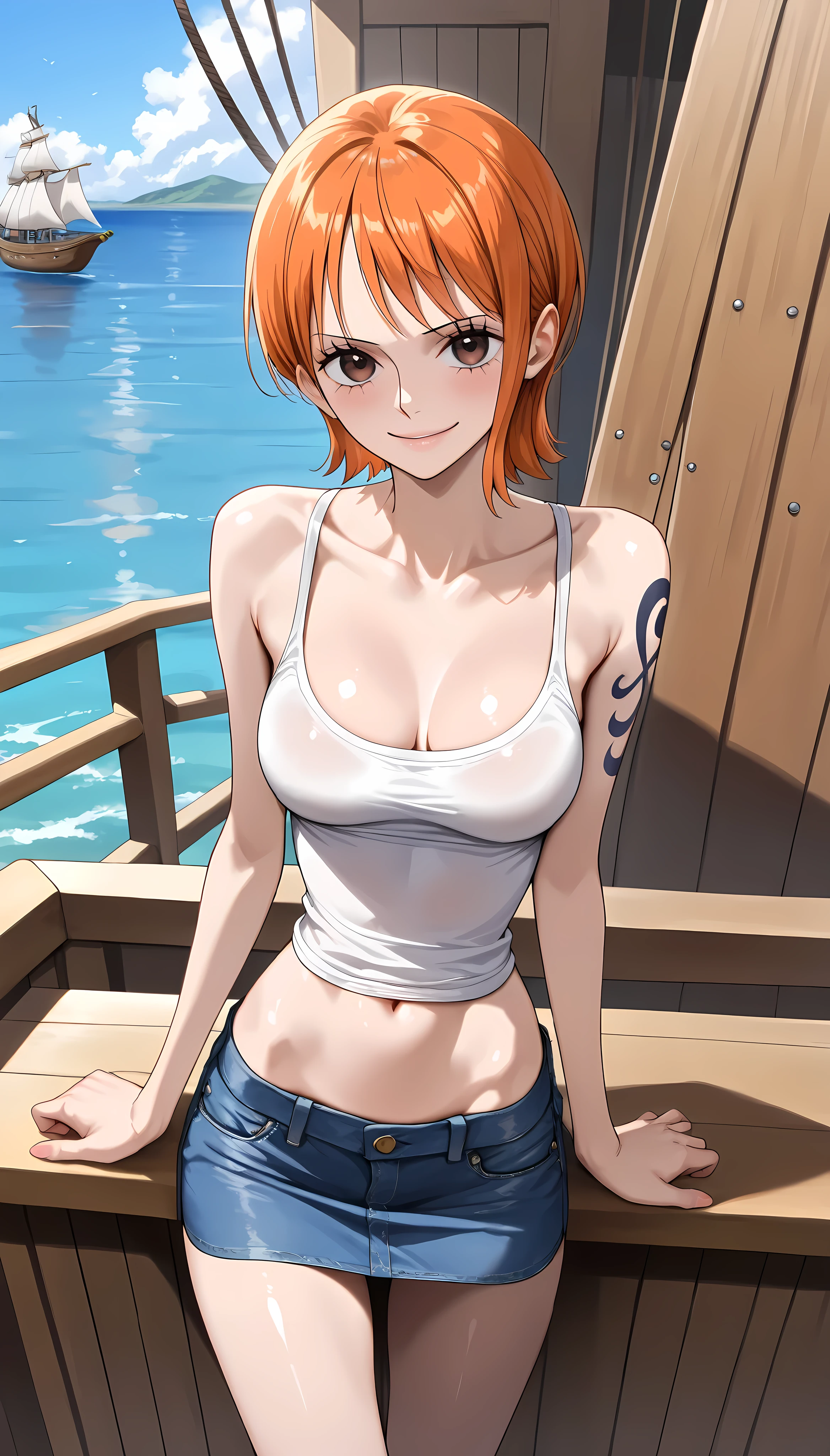 Nami \ (One Piece \), orange hair, blue eyes, thighs, tattoos, open mouth and laugh, close eyes, smile, straw hat, white shirt, wet shirt, denim,