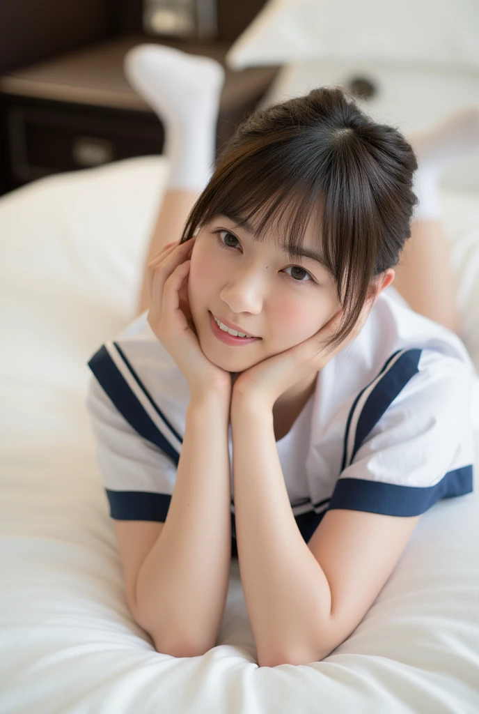 cute,teen,black hair,long hair,straight hair,with bangs,angelic smile,model,full breasts, wariza,on bed,summer sailor suit