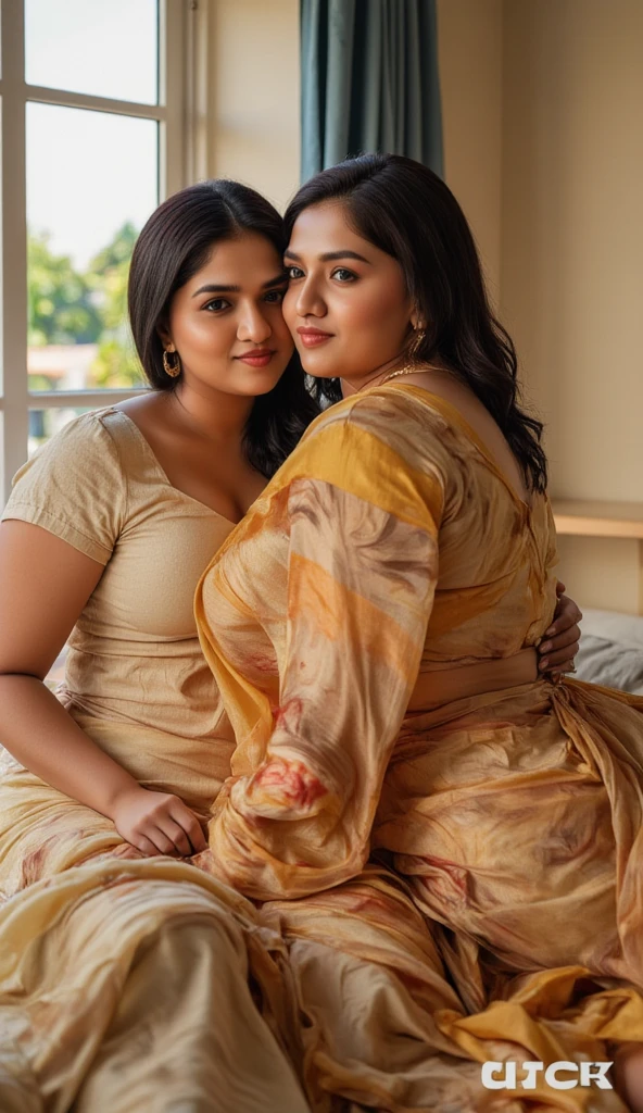 a 50-year-old shirtless man affectionately hugging and kissing aradiant, full-figured South Indian plus-sized 30 year old teacher wearing a off white silky saree in dressing room, captured in a full-body image with vibrant hues and meticulous details. Full body image