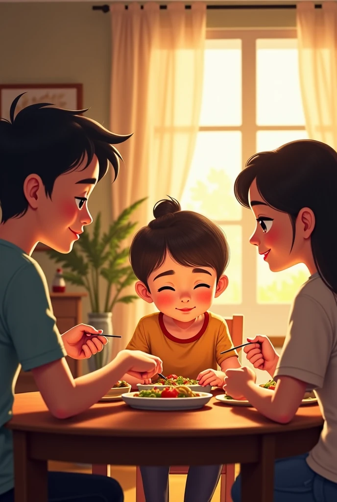 A twins with their two little siblings one is a girl and one is a boy. They are eating in the corner part of the restaurant after they ordered
