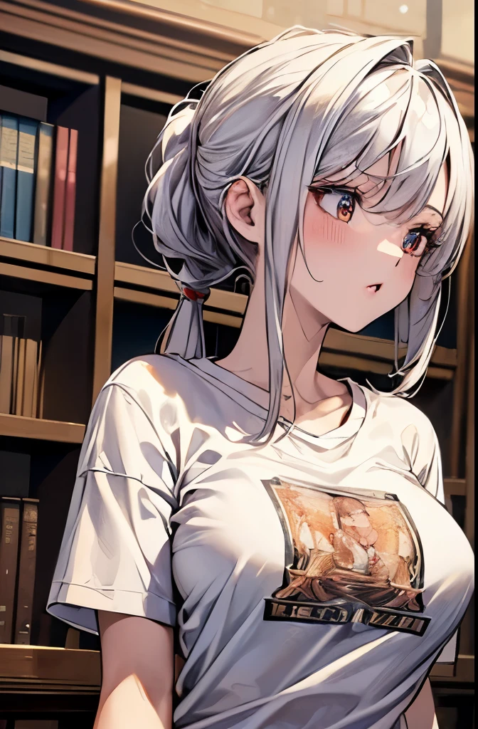 masterpiece、 top quality、 Very detailed、An illustration、 Exquisite Details 、 a girl 、 cute、Detailed landscape 、 library background 、White hair、Braided Ponytail、 red camisole 、((D cup breasts, T-shirt showing the business line:1.3))、High Angle