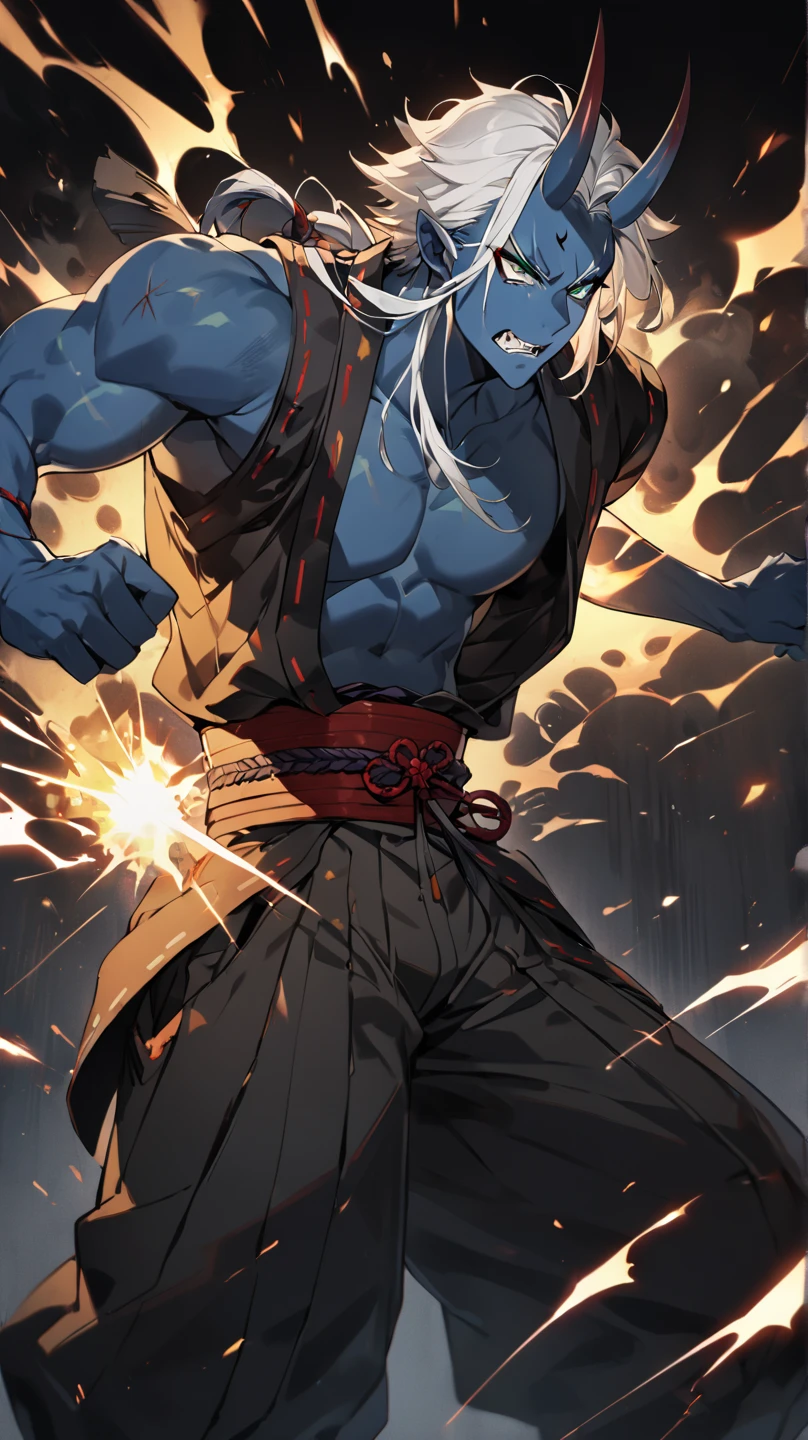 Solo character, full body version, old men, largest muscle, long curly hair, white colored hair, dark skin, chin beard, open mouth, angry face, angry eyes, toothless teeth, blue eyes, arm hair, topless, bandage on body, cargo pants, boots, full background white, standing gesture, shadow, mace weapon in hand, smoke effect, fire effect, lighting effect, (one piece style art, His face looks like Zoro)