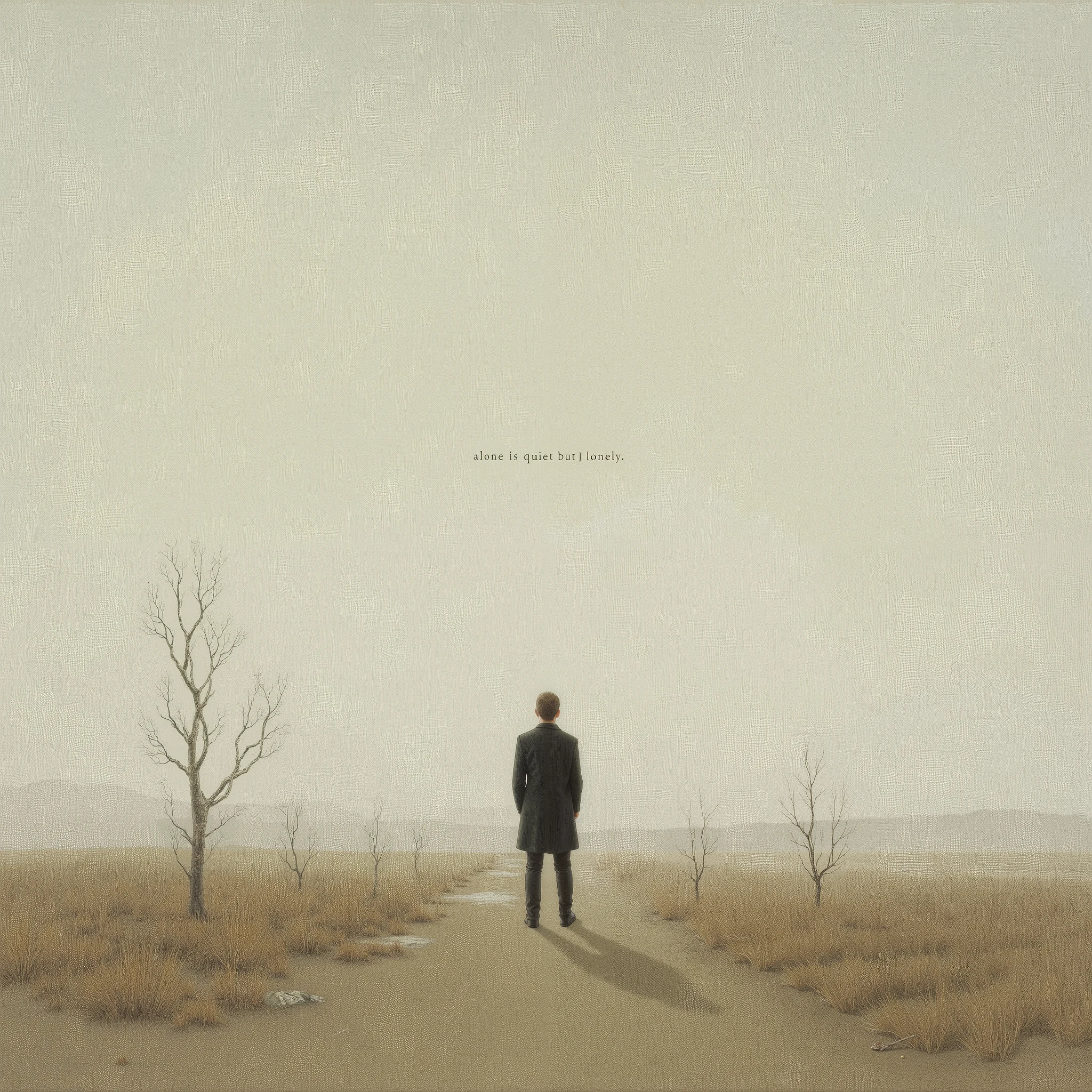 please mace a picture to imagine (landscape) a person felt lonely and, in the picture, fill the text "Alone is quiet but lonely"