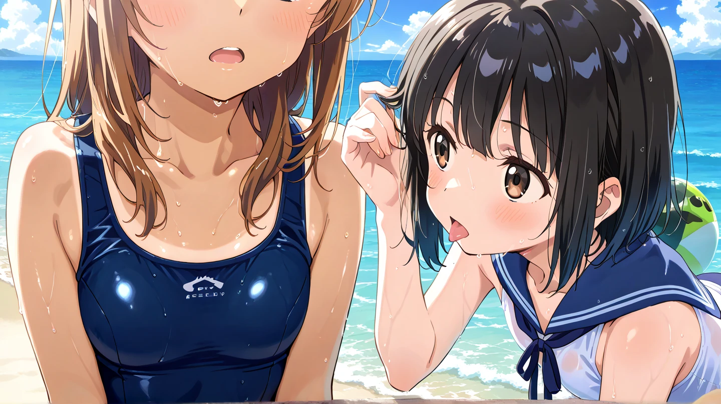 Highest quality、masterpiece、beautiful、Detailed、Age: 12、middle School girls、Beach、dynamic pose、Low - Angle、smile、Slim figure、(Wet and see-through clothing:1)、