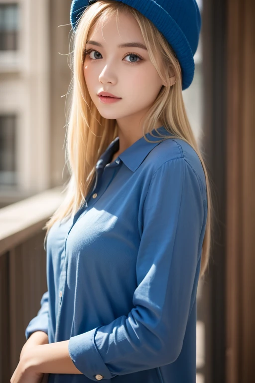 (hyperrealistic), (illustration), (high resolution), (8K), (extremely detailed), (best illustration), (beautiful detailed eyes), (best quality), (ultra-detailed), (masterpiece), (wallpaper), (photorealistic:1.4), (natural light), (rim lighting), (detailed face), high detailed realistic asian skin texture, anatomically correct, solo, 1 girl, (high detailed realistic long wavy white hair:1.35), (ponytail contorted:1.4), heterochromic eyes, (detailed blue eyes), small moles under the eyes, (realistic big breasts:1.5), long legs, tight abs, dynamic pose, red tight t-shirt, navy formal blazer, (upon body from head to thighs:1.4)