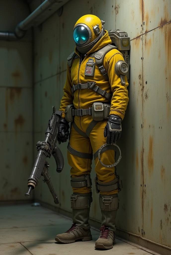 Robot in tattered human clothes with robot parts sticking through. Robot with magic 8 ball for a head in a dark basement with water dripping from the ceiling. Robot with 8 ball head sitting in the corner of a dark room wearing human clothes like an announcer