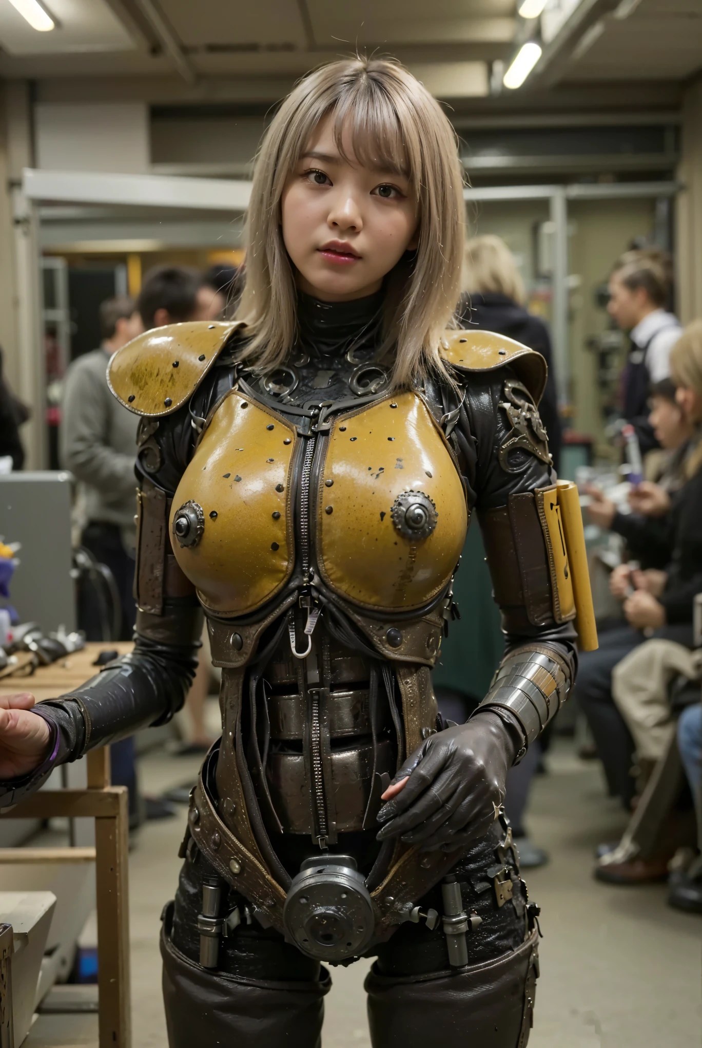 (Completely live action:1.37), (Amazingly realistic textures:1.37), (masterpiece, best quality:1.2), (8k uhd, 16k, 32k, ultra high res), amazingly realistic skin, amazingly realistic photo, superrealism, (photorealistic:1.37), (RAW photo), ultimately realistic, (ultimately realistic all details), (ultimately realistic all textures), super realistic lighting, super realistic shadow, (japanese girl:1.5), ((young face)), smiling, happy, super realistic face, ultimately realistic skin, ultimately realistic eyes, (mascara:1.35)ultimately realistic background, ultimately realistic detail up, kkw-ph1, ((drooping eyes, cyberpunk-style cyborg girl, amazingly intricate details, Anatomically perfect hands, mechanical body, silver knight armor, ultra glossy texture, purple hair))