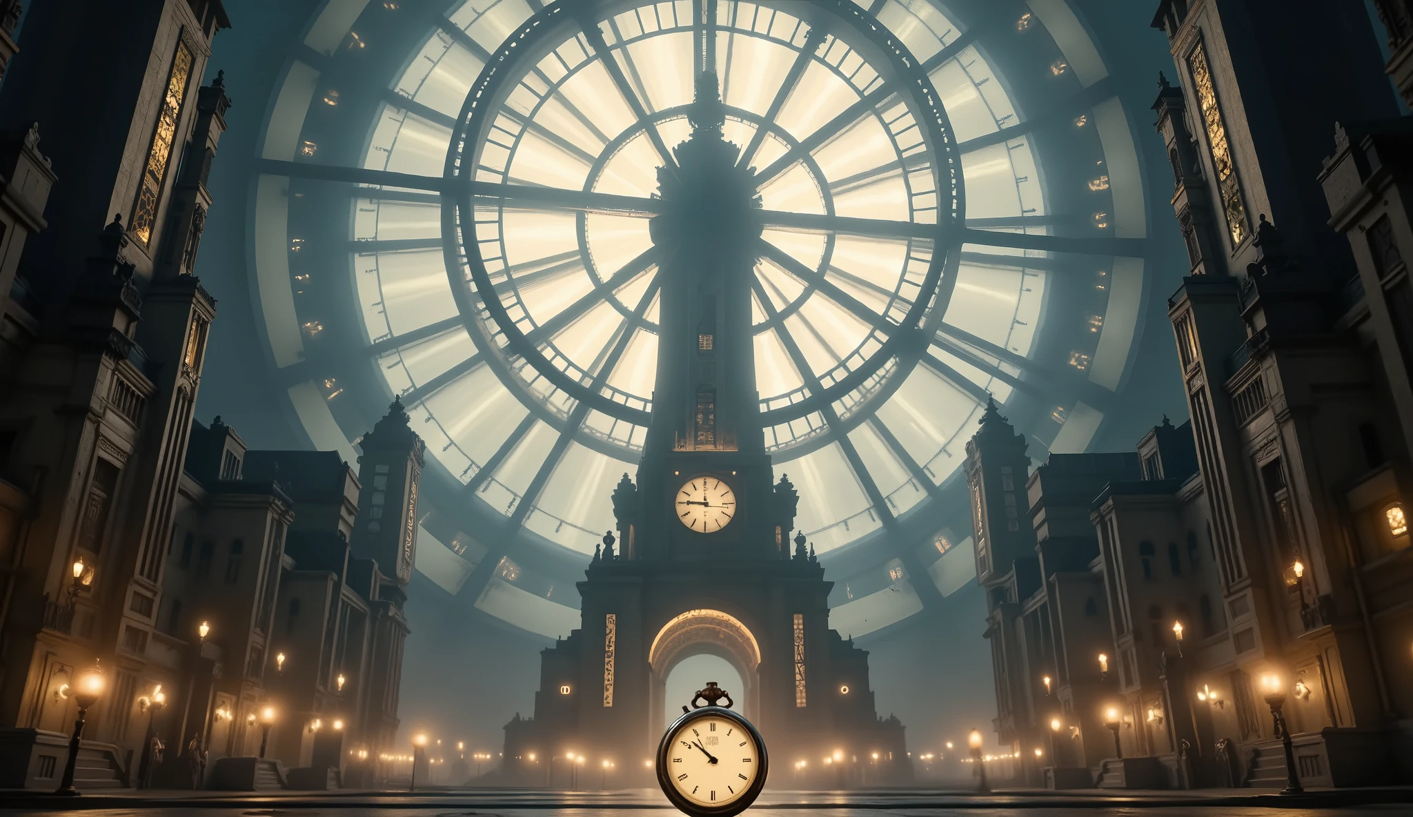 A monumental clock tower stands in the heart of a city that spins like a colossal machine, its gears and cogs moving in perfect harmony. The sound of a massive bell tolling echoes through the city, marking the end of an era and the beginning of a timeless legend. In the center of the scene, Aurora has vanished, her form dissolving into the ethereal light, leaving only a solitary pocket watch lying on the ground. The pocket watch glows softly, a symbol of her enduring legacy, untouched by time. The city, now a massive mechanical construct, continues its endless rotation, its streets alive with the hum of machinery and the rhythmic pulse of time. The atmosphere is both poignant and eternal, as if time itself acknowledges the angel's departure while ensuring her story lives on forever. Cinematic, ultra-detailed, photorealistic, fantasy art, 4K resolution.