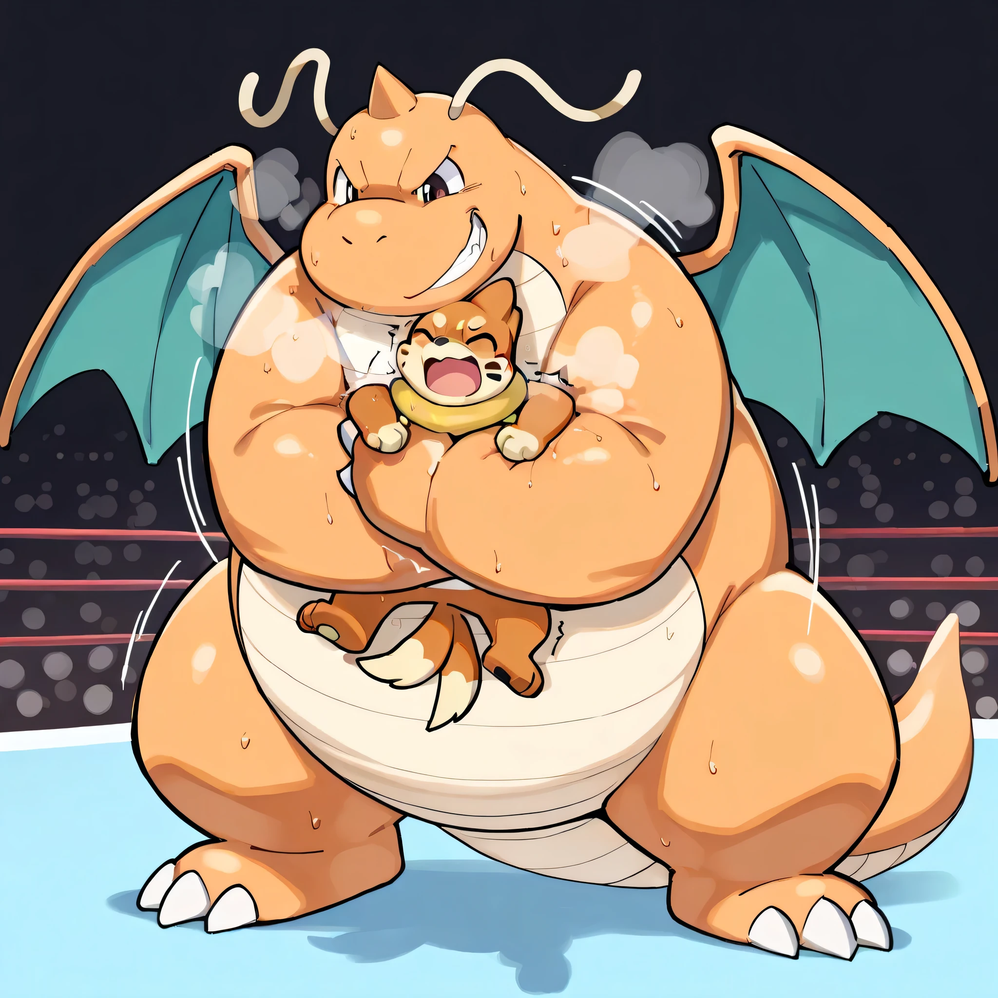 4k ultra quality, 4k full body view,masterpiece quality, large dragonite, small buizel, wrestling, bearhug, choke_hold,(dragonite is giant bulky fat, very large body, open eyes, evil grin, carrying person, hold up, arched back, sweaty, steamy breath, fatty arm, tighten arm, choking with arm, behind buizel), (buizel is very small build, young, pain, close eyes, open mouth, raise arm, waist between arms), face each other, motion blur, motion line, break, from front