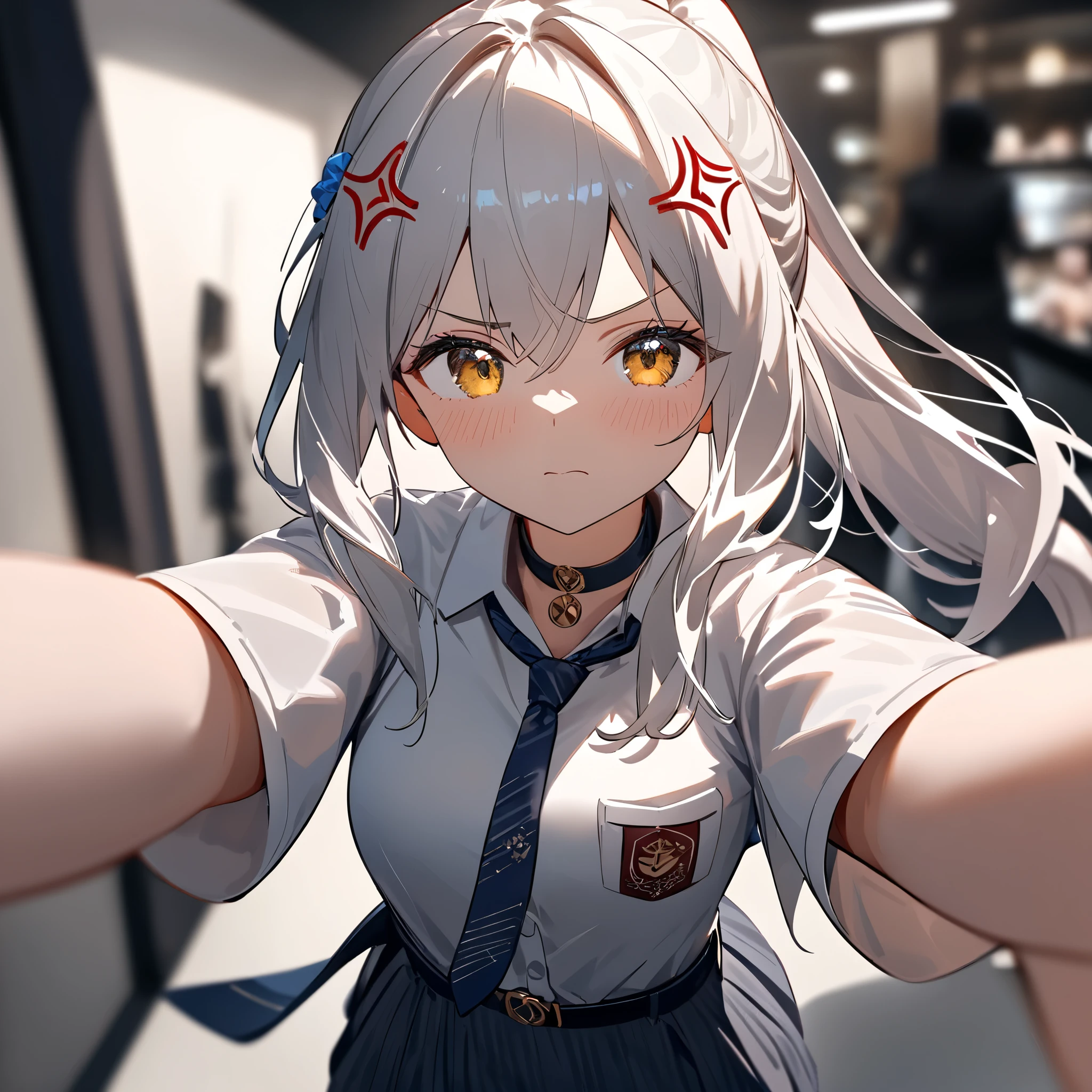 (masterpiece),(Highest quality),(Super detailed),(figure),(Very delicate and beautiful),Dynamic Angle,Beautiful fine details,(Detailed Light),Detailed cloth texture, One girl,One girl,hair ornaments,Long Hair, white hair, alone,Simple Background,indoor,Cowboy Shot,Blurred Background,Medium chest, View your viewers,hair ornaments,bracelet,choker,indoor,Blurred Background, light white hair, ponytail hair, gold eyes, beautiful eyes, blushing, angry.
tucked in sma shirt, sma necktie, sma belt, sma skirt
pov, reaching towards viewer