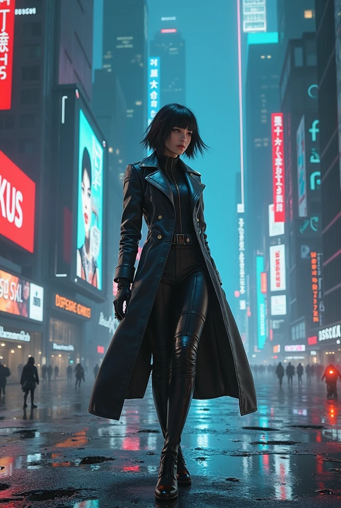 masterpiece, delicate aesthetics, cinematic lighting, night city scene, wide shot from a distance at eye level, looking at a mature woman (adult female) standing still on a sidewalk under a very tall streetlamp, the warm light shining directly down on her from above, illuminating her face and figure from afar, wearing a white shirt and formal office attire that is elegant yet subtly ????, her long black hair damp from the rain, soaked clothes clinging to her skin, raindrops visibly falling heavily onto her body and face, raindrops splashing against her skin and the sidewalk, captured in high-speed camera, mid-air, frozen in slow motion, close-up of individual water droplets suspended in the air before landing on her skin and the wet sidewalk, reflections on the wet surface, steam and mist rising around her, surrounded by tall skyscrapers, dramatic and atmospheric