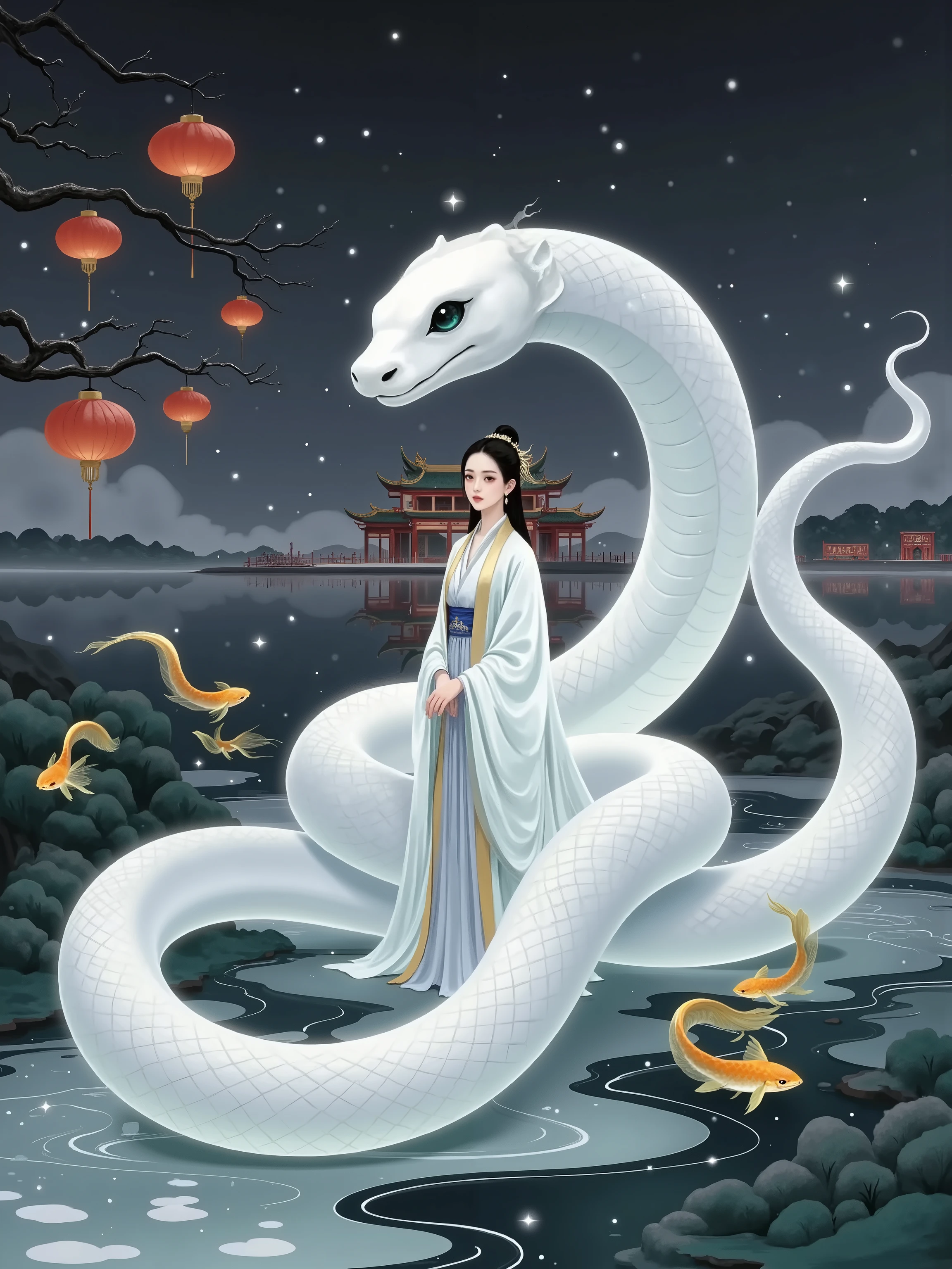 Epic cinematic still of a divine white serpent goddess soaring above West Lake, her jade scales shimmering with pearl iridescence while morphing into silken robes adorned with bronze zodiac patterns, traditional Chinese architecture with snake-shaped eaves glowing with red lanterns in the misty background, schools of golden koi transforming into swirling snake spirits, digital painting with wuxia aesthetic, ultra-detailed scales and fabric textures, dynamic wind effects on hair ribbons, dramatic golden hour lighting with volumetric rays, traditional ink wash elements blending with photorealistic CGI, trending on artstation, chromatic aberration accents