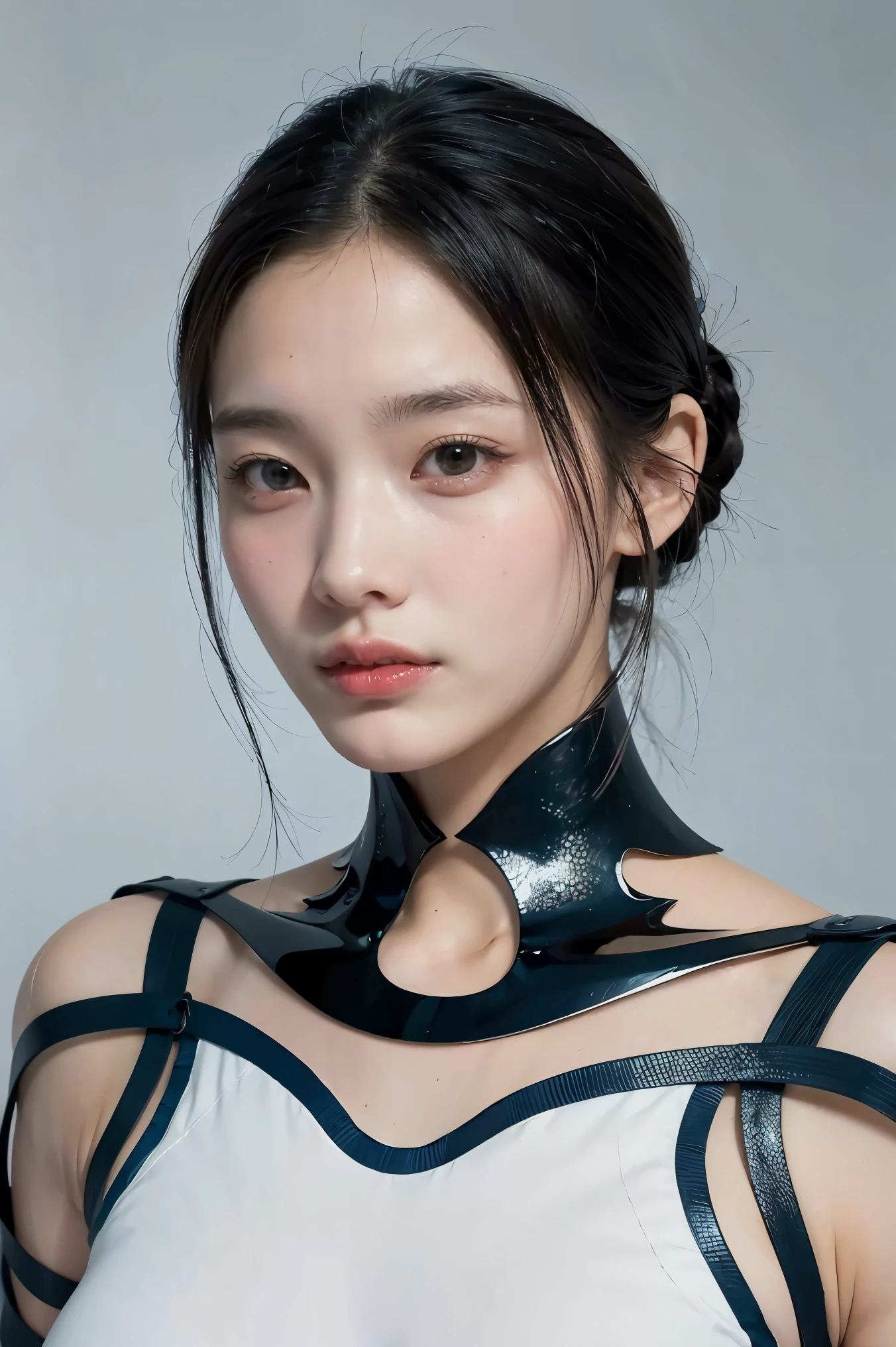 Clothing creative fashion design,Iris van Herpen designer style,Marine life curve,sense of lines,bone structure,Symmetrical design,Blue and white lines,Highlight sexiness,Japanese model,big breasts,Hot