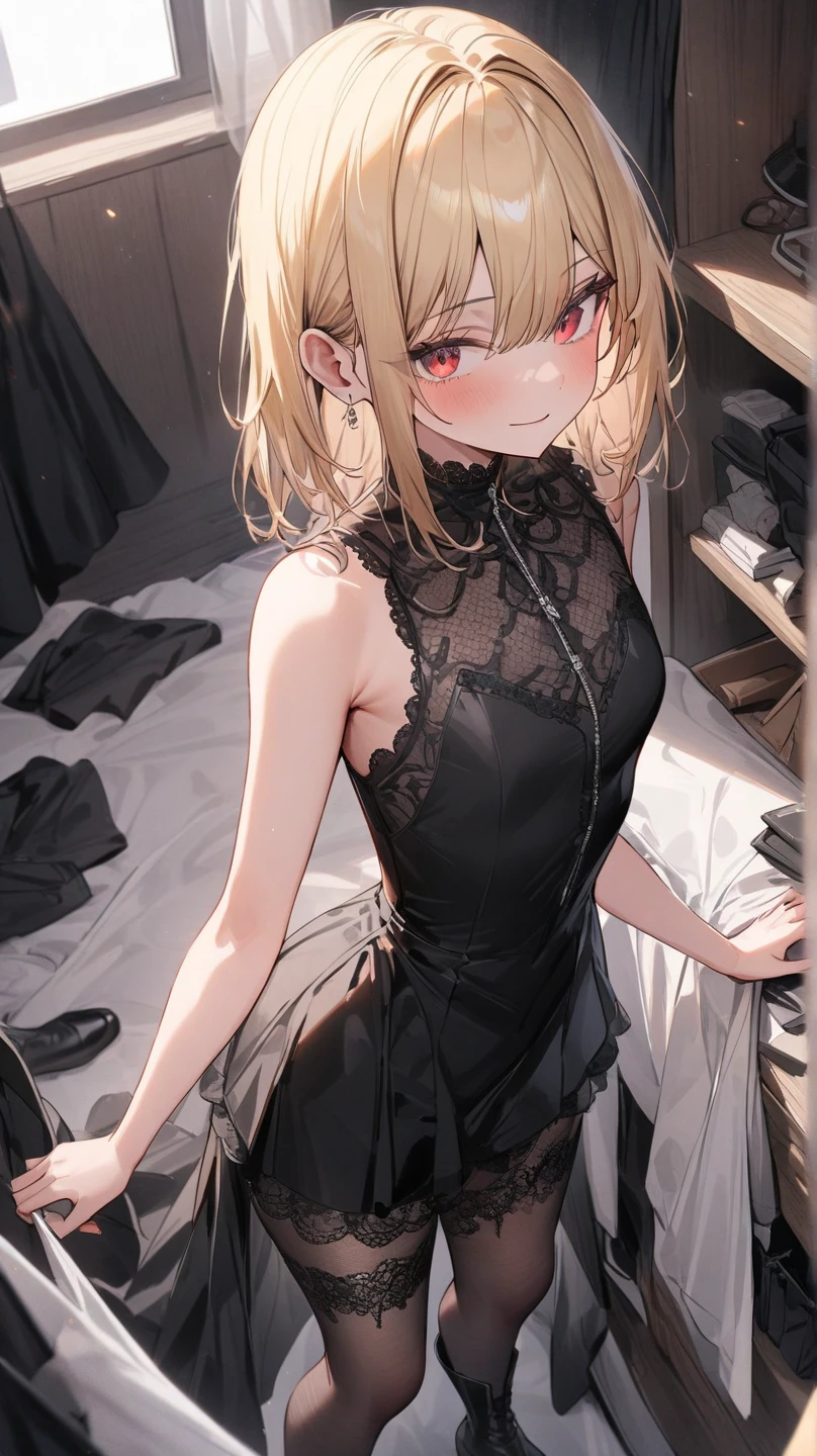 masterpiece,best quality,very detailed,single girl (Sakurai Momoka,slender sexy body,nice big ,wavy hair,long hair,blond,headband,pink flower in hair,green eyes),bright face,light smile,lips parted,nose blushing,blushing,facing audience,showing viewer,head tilted,alone,red cheongsam,see-through,long dress,see-through,sleeveless,black lace knee socks,in living room,standing,seductive sexy waist,closed eyes,tears in eyes,mouth open,saliva residue,wet skirt hem,sticky panties,bulge in vibrator cord,vibrator with garters,pussy visible,vaginal opening visible,vagina visible,vagina visible