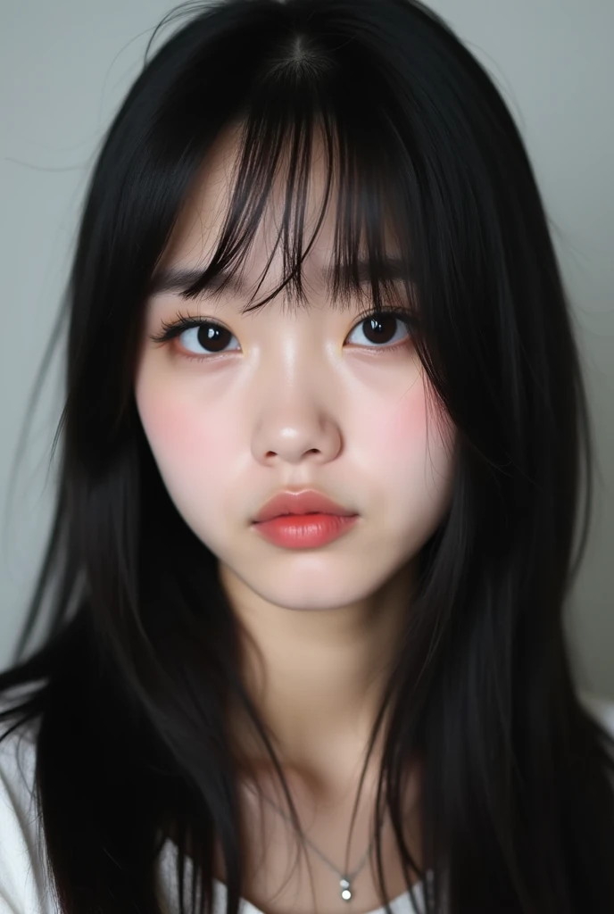 Korean girl about 23 years old with black eyes,  long eyelashes,  pompous lips,  straight black hair , small, upturned round nose, with a neutral but cute expression, looking in front or at the camera 