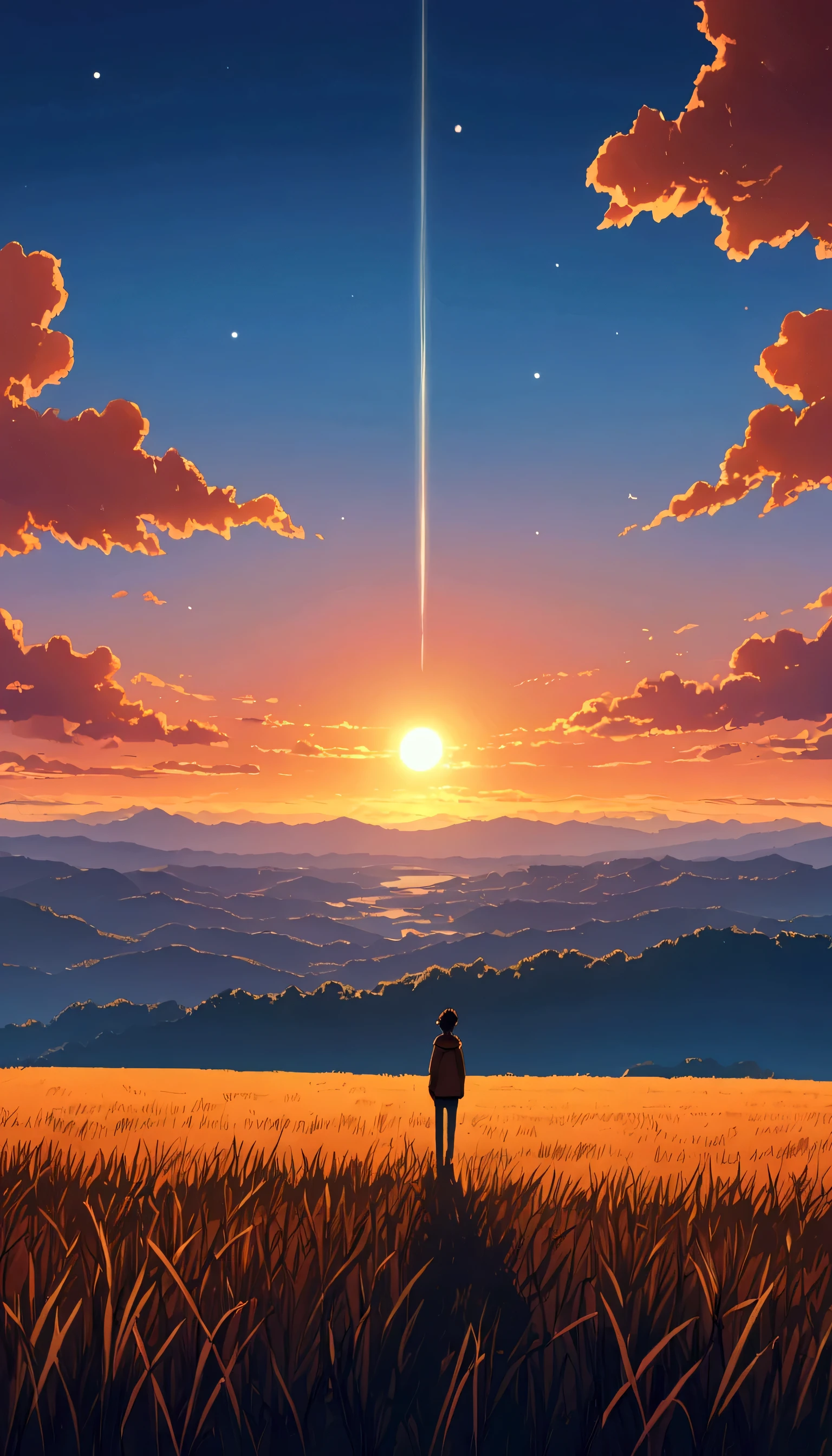 Beautiful and serene anime landscape, ((with clean sky bintage effect)), sunset ((no clouds)), dreamy, amazing. A ***** looking towards the empty horizon, an incredibly clear sky. The image shows a young man standing on a roas hill Male anime character contemplating the sunset at dawn, with a backdrop of a vibrant blue sky and red and orange hues of the sun. Fascinating, dreamy, surreal, well detailed, photoshop, realistic anime, anime landscape wallpaper, landscape anime, anime landscape wallpapers, beautiful anime peace scene, beautiful anime landscape, sky anime anime. by makoto shinkai, Rhads and Lois Van Baarle, makoto shinkai cyril rolando, anime background art, 4k anime art wallpaper, clear sky 8khdr
