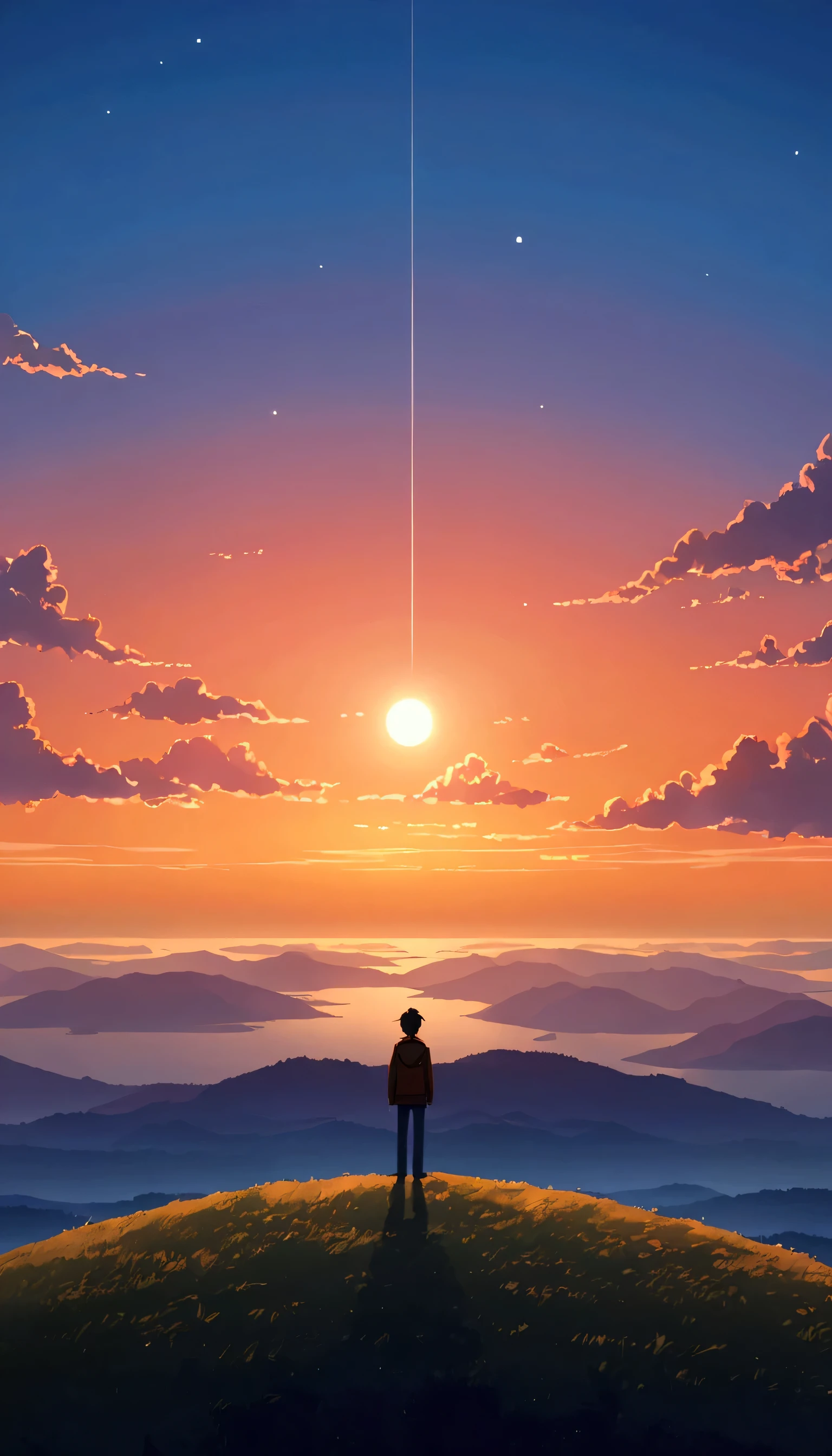 Beautiful and serene anime landscape, ((with clean sky bintage effect)), sunset ((no clouds)), dreamy, amazing. A ***** looking towards the empty horizon, an incredibly clear sky. The image shows a young man standing on a roas hill Male anime character contemplating the sunset at dawn, with a backdrop of a vibrant blue sky and red and orange hues of the sun. Fascinating, dreamy, surreal, well detailed, photoshop, realistic anime, anime landscape wallpaper, landscape anime, anime landscape wallpapers, beautiful anime peace scene, beautiful anime landscape, sky anime anime. by makoto shinkai, Rhads and Lois Van Baarle, makoto shinkai cyril rolando, anime background art, 4k anime art wallpaper, clear sky 8khdr