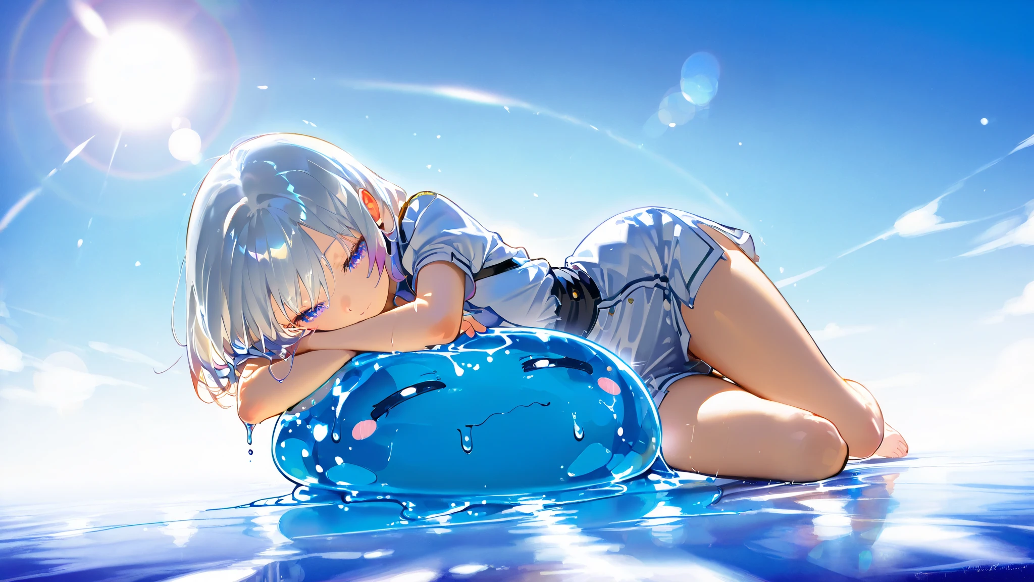 1boy, shota, white hair, blue eyes, short hair, tentacle, bulge, short pants, white pants, pants, wet clothes,summer clothes, beach, blush, open mouth, spread legs, nipples