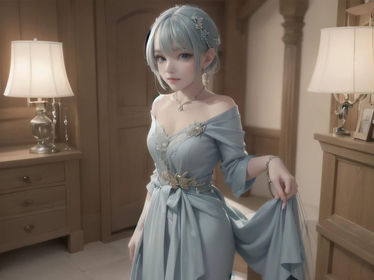 A hyper-realistic, ultra-detailed full-body 3D-rendered image of a -year Japae girl named Kanon, dressed in an elegant light blue evening gown. Her silky, light blue twin tails flow gracefully down her back, with delicate silver hairpins shaped like stars adorning her soft strands. Her light blue eyes sparkle softly, reflecting the ambient lighting, while a gentle rosy blush enhances her delicate features.
She is wearing a breathtaking light blue dress, featuring a delicate off-shoulder neckline with sheer lace sleeves, a fitted bodice adorned with silver embroidery, and a flowing chiffon skirt that cascades like a waterfall. The fabric shimmers subtly under the soft glow of the chandeliers, creating a dreamy, ethereal effect. A thin silver belt with a small sapphire gemstone cinches her waist, accentuating her slender figure.
Her pose is poised and graceful, as she lightly lifts the hem of her gown with one hand, revealing elegant silver heels beneath the layers of soft fabric. Her other hand is gently placed near her collarbone, her fingers delicately brushing against a silver pendant necklace that glows faintly under the lights. Her expression is serene yet inviting, with a soft, charming smile and slightly parted lips, as if caught in a moment of quiet admiration.
She wears silver drop earrings that glisten with each movement, and her wrists are adorned with a delicate pearl bracelet. The gentle sway of her long, flowing skirt, along with the way the fabric catches the light, adds to the sense of elegance and movement.
The background is a luxurious ballroom with grand chandeliers, intricate golden detailing on the walls, and tall arched windows that allow the moonlight to softly illuminate the space. The polished marble floor reflects the warm glow of the lights, enhancing the dreamy atmosphere. In the distance, guests in elegant attire can be seen mingling, thei