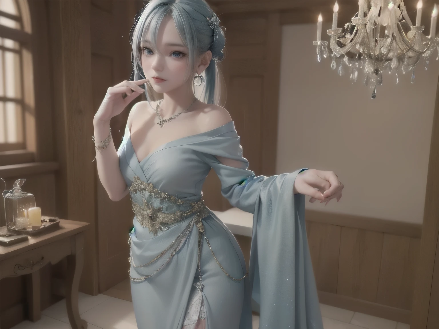 A hyper-realistic, ultra-detailed full-body 3D-rendered image of a -year Japae girl named Kanon, dressed in an elegant light blue evening gown. Her silky, light blue twin tails flow gracefully down her back, with delicate silver hairpins shaped like stars adorning her soft strands. Her light blue eyes sparkle softly, reflecting the ambient lighting, while a gentle rosy blush enhances her delicate features.
She is wearing a breathtaking light blue dress, featuring a delicate off-shoulder neckline with sheer lace sleeves, a fitted bodice adorned with silver embroidery, and a flowing chiffon skirt that cascades like a waterfall. The fabric shimmers subtly under the soft glow of the chandeliers, creating a dreamy, ethereal effect. A thin silver belt with a small sapphire gemstone cinches her waist, accentuating her slender figure.
Her pose is poised and graceful, as she lightly lifts the hem of her gown with one hand, revealing elegant silver heels beneath the layers of soft fabric. Her other hand is gently placed near her collarbone, her fingers delicately brushing against a silver pendant necklace that glows faintly under the lights. Her expression is serene yet inviting, with a soft, charming smile and slightly parted lips, as if caught in a moment of quiet admiration.
She wears silver drop earrings that glisten with each movement, and her wrists are adorned with a delicate pearl bracelet. The gentle sway of her long, flowing skirt, along with the way the fabric catches the light, adds to the sense of elegance and movement.
The background is a luxurious ballroom with grand chandeliers, intricate golden detailing on the walls, and tall arched windows that allow the moonlight to softly illuminate the space. The polished marble floor reflects the warm glow of the lights, enhancing the dreamy atmosphere. In the distance, guests in elegant attire can be seen mingling, thei