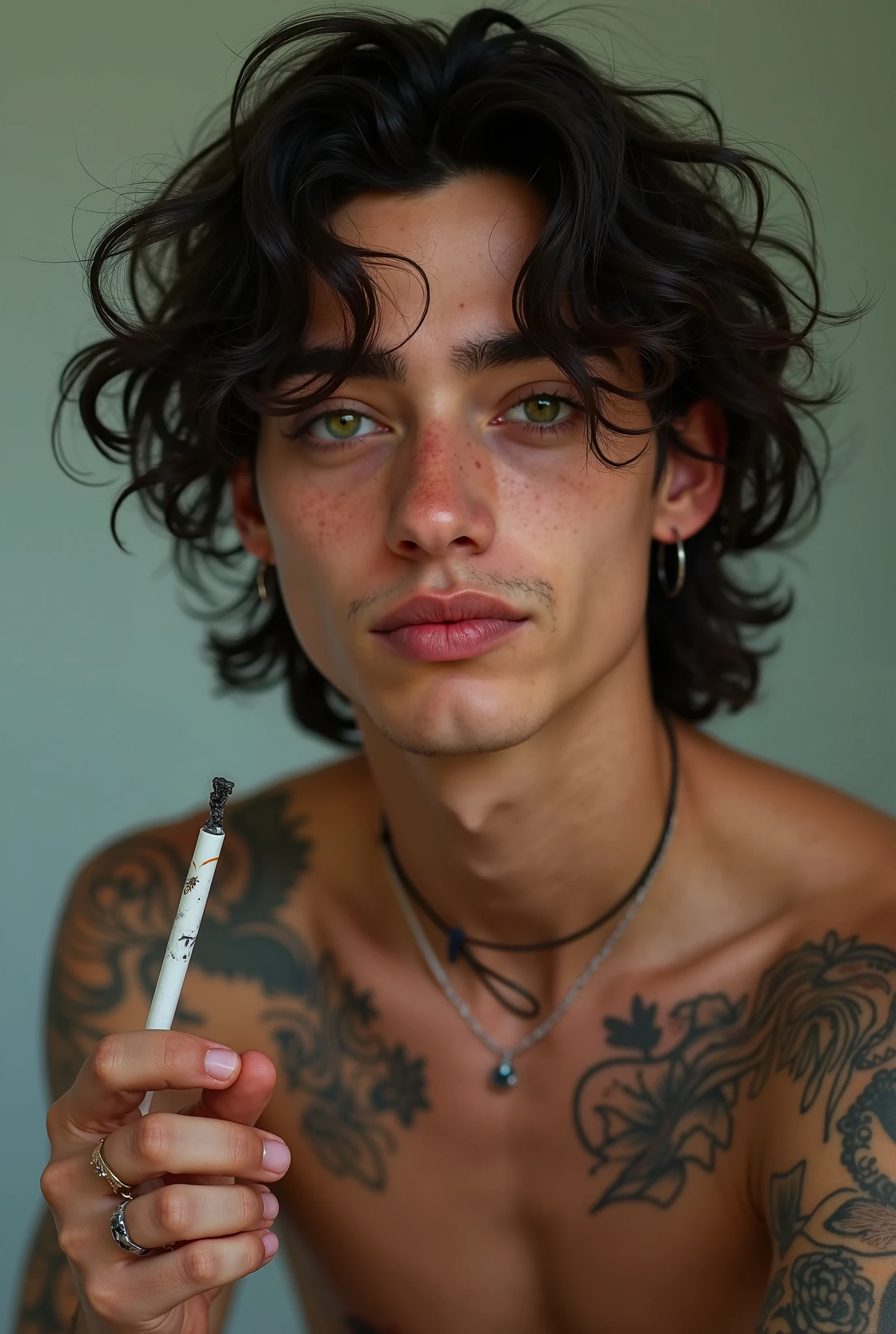 An emo boy, short curly hair brown, smoking a cigarette next to a fiberglass crown
