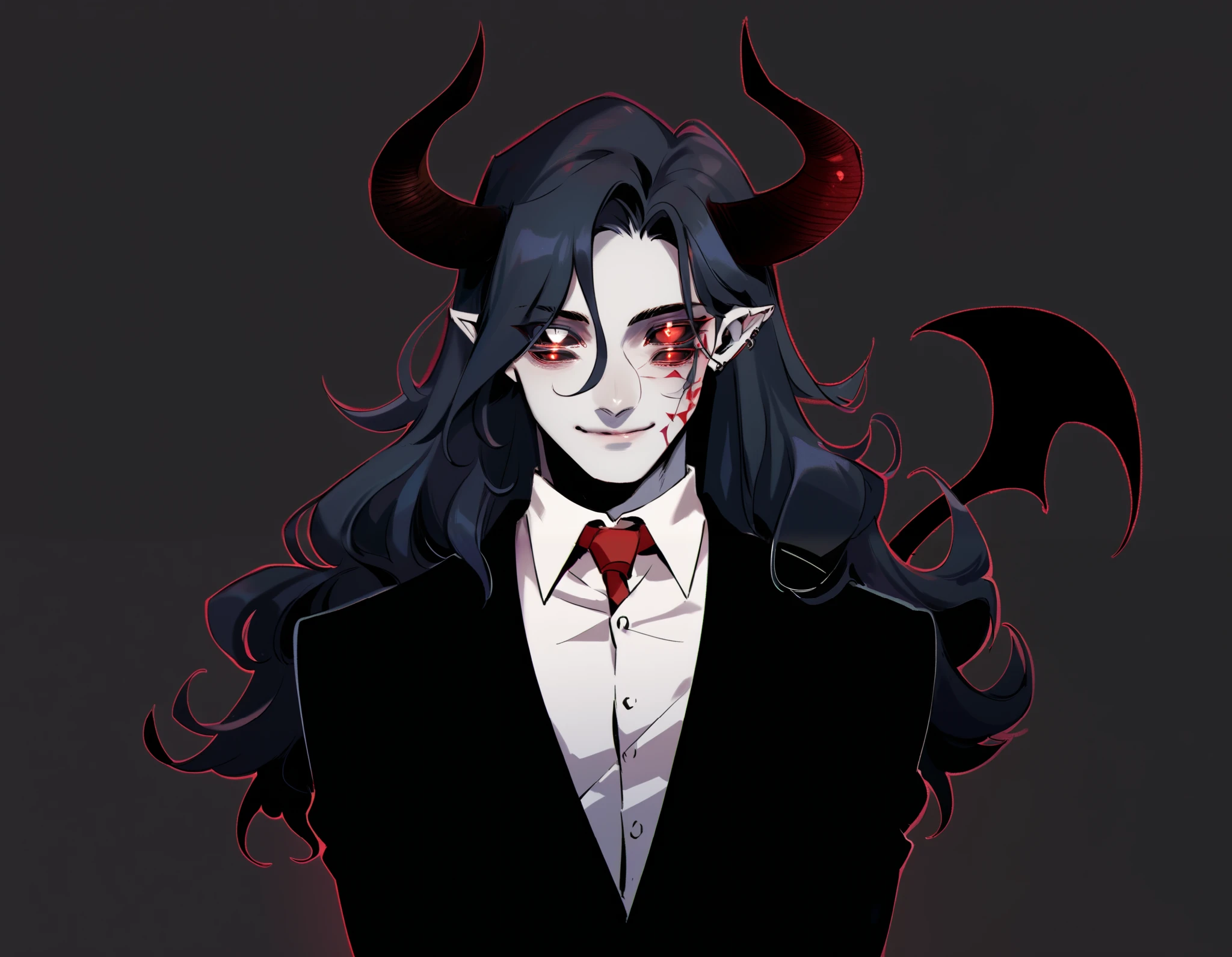 30-year-old male, devil, pale skin, dark shadows that highlight his face , pretty face, little bad smile . 10 eyes on the face , of black sclera and red pupils . black and wavy hair, long hair down to waist, large black horns with a crimson tip , pointed ears. Tall man , view from waist up, he wears a black suit , with a black dress shirt underneath and with a red tie. Black tail with a crimson tip