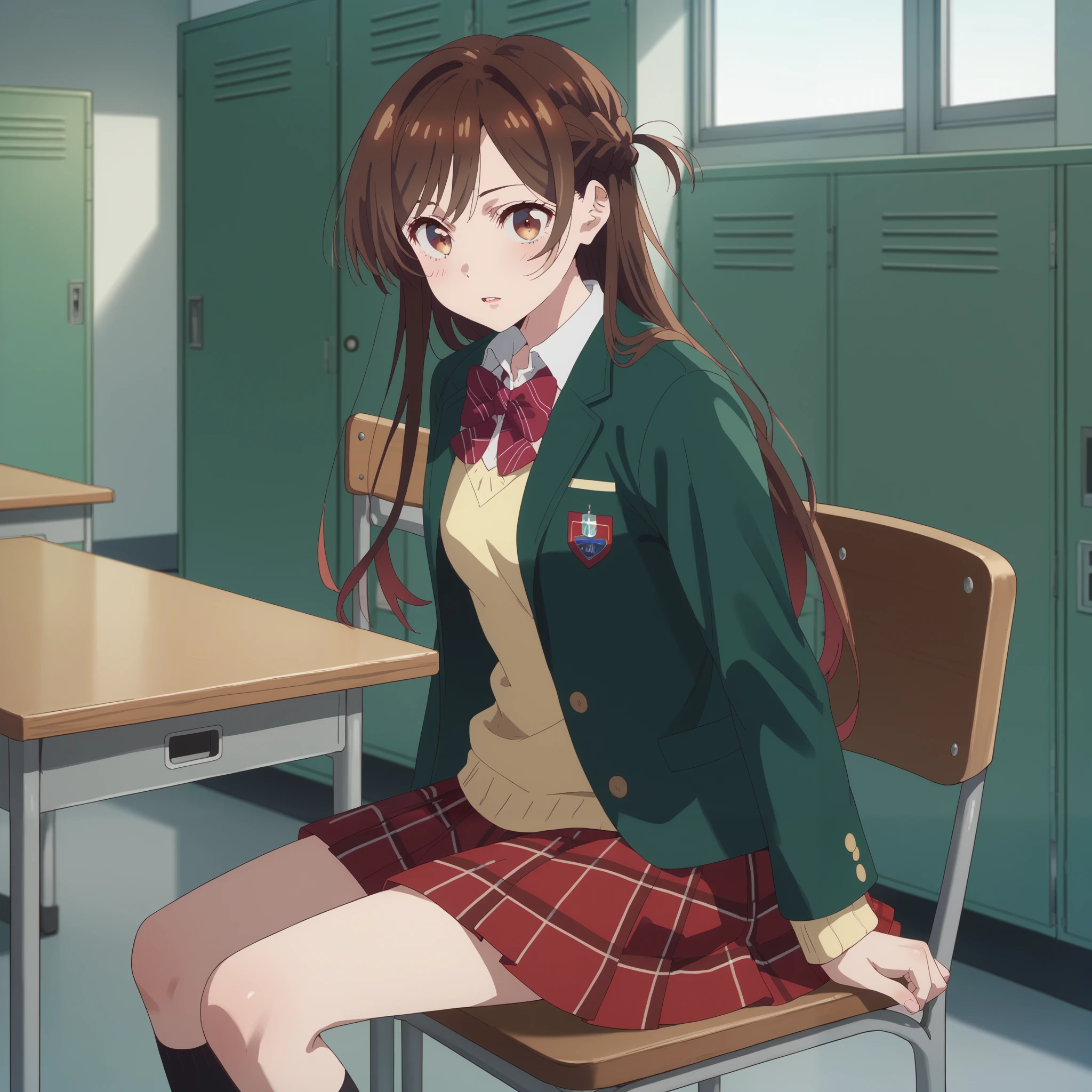 Parted lips,
Alone,
Chizuru Ichinose, 1 girl, brown hair, long hair, French Braid , brown eyes,
school uniform , green jacket, yellow sweater , bow tie,
plaid skirt that breaks small breasts, red skirt,
Black Sox,
indoors,chair,machine, locker, window_,sunset,
sitting indoors in POV,