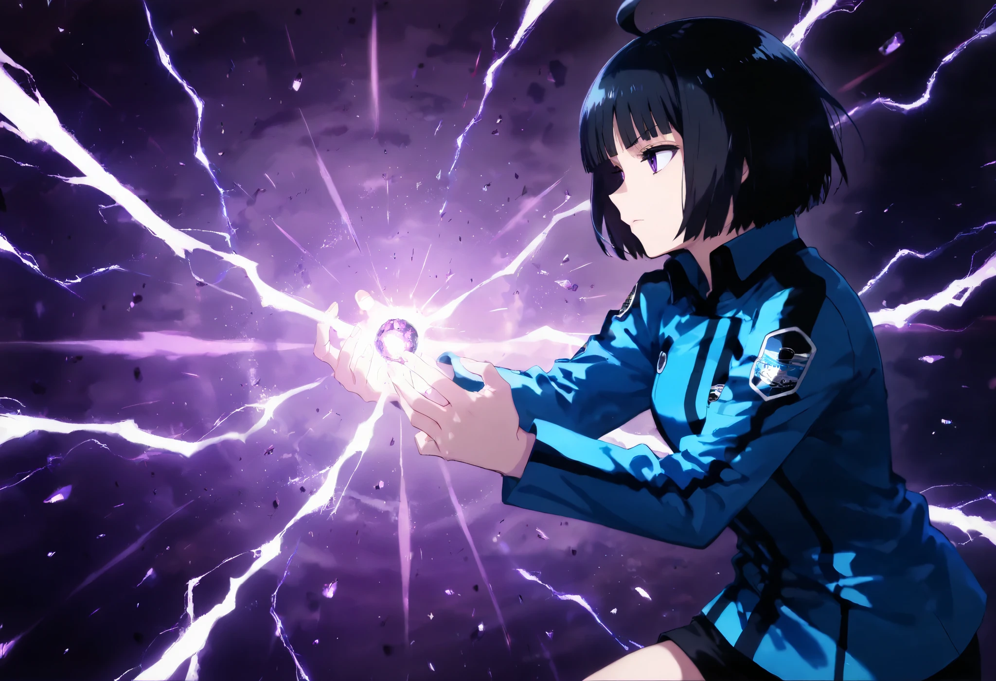 score_9, score_8_up, score_7_up, (WORLD TRIGGER style, amatori chika), (1girl, solo), (short hair, black hair, bob cut, ahoge, blunt bangs), purple eyes, serious expression, blue jacket, uniform, short black shorts, BREAK shisidehollow, from side, purple theme, profile, electricity,