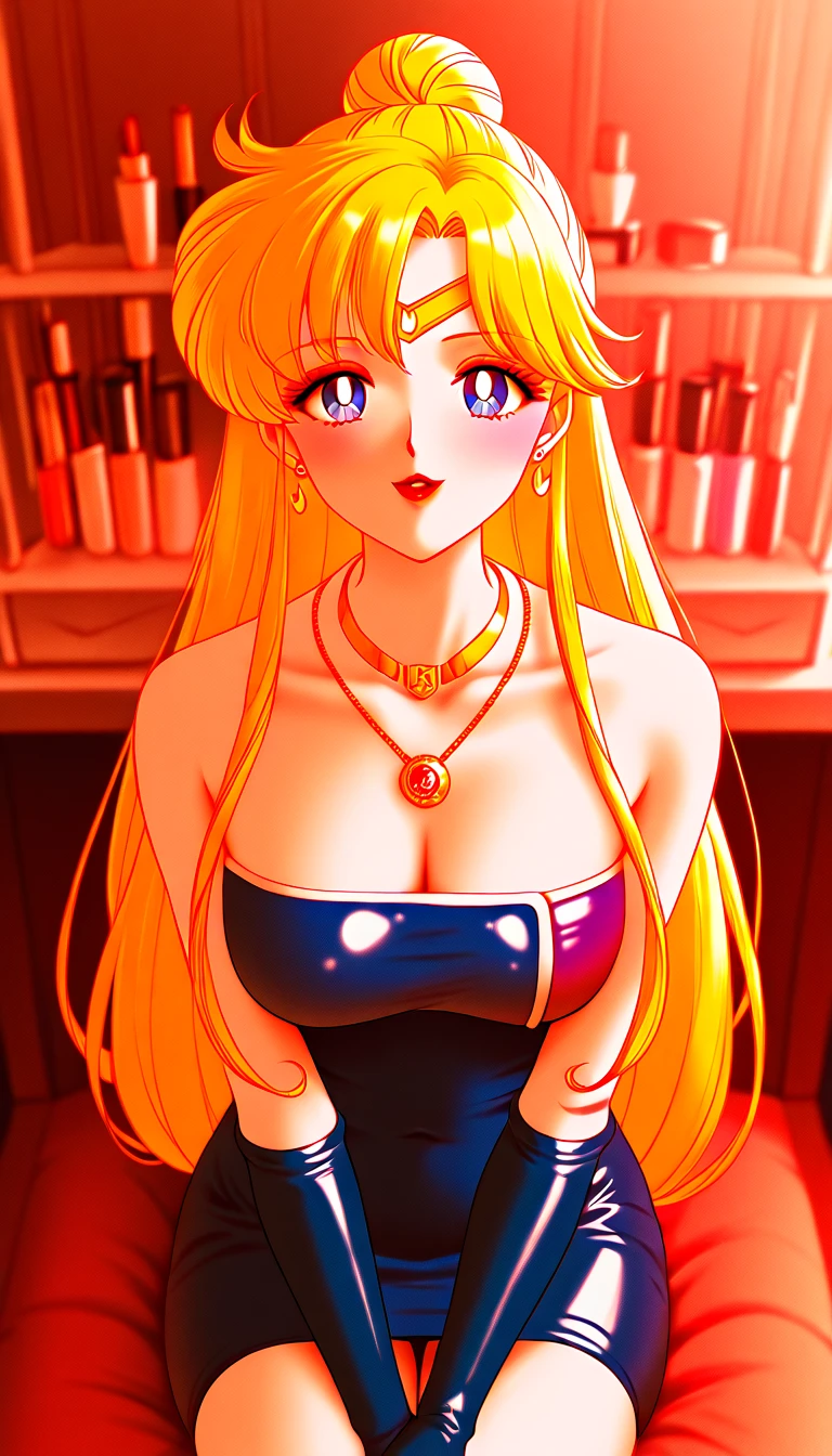 (masterpiece, best quality, very aesthetic, ultra detailed), intricate details, 4k, aavenus, long hair, blonde hair, hair bow, earrings, blue eyes,  spaghetti strap, black dress, sleeveless, sitting, necklace, indoors, sofa, cleavage,  smile