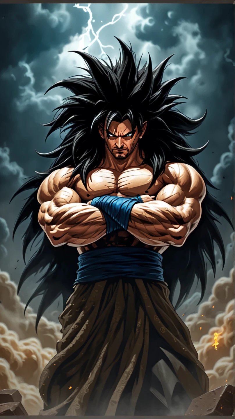 man with muscle , black hair, super saiya, dragon ball, lightening
