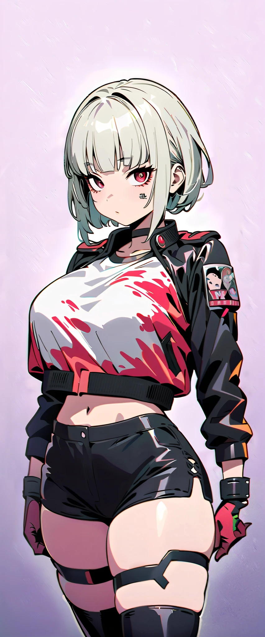 (high-quality, breathtaking),(expressive eyes, perfect face) (1girl Android), female, solo, maomao, cowboy shot, full shot, full body, (Black and white image color), white hair color, alluring red eyes, Short bob hairstyle, Large breasts, small stature, mature, Thick thighs, absolute territory, blank facial expression, looking towards viewer, HD, High quality image, dusty particles floating around, black choker, cybernetics, kuudere expression, black and white manga style, black and white manga panel, detailed portrait, horror anime theme, junji ito style, Black Bra Tank Top, White cyberpunk Crop Bomber Jacket, black leather thigh garter harness, black thigh high socks