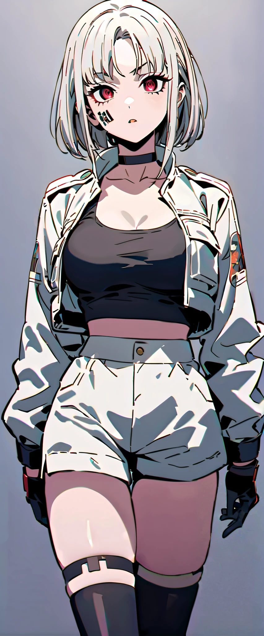 (high-quality, breathtaking),(expressive eyes, perfect face) (1girl Android), female, solo, maomao, cowboy shot, full shot, full body, (Black and white image color), white hair color, alluring red eyes, Short bob hairstyle, Large breasts, small stature, mature, Thick thighs, absolute territory, blank facial expression, looking towards viewer, HD, High quality image, dusty particles floating around, black choker, cybernetics, kuudere expression, black and white manga style, black and white manga panel, detailed portrait, horror anime theme, junji ito style, Black Bra Tank Top, White cyberpunk Crop Bomber Jacket, black leather thigh garter, black thigh high socks