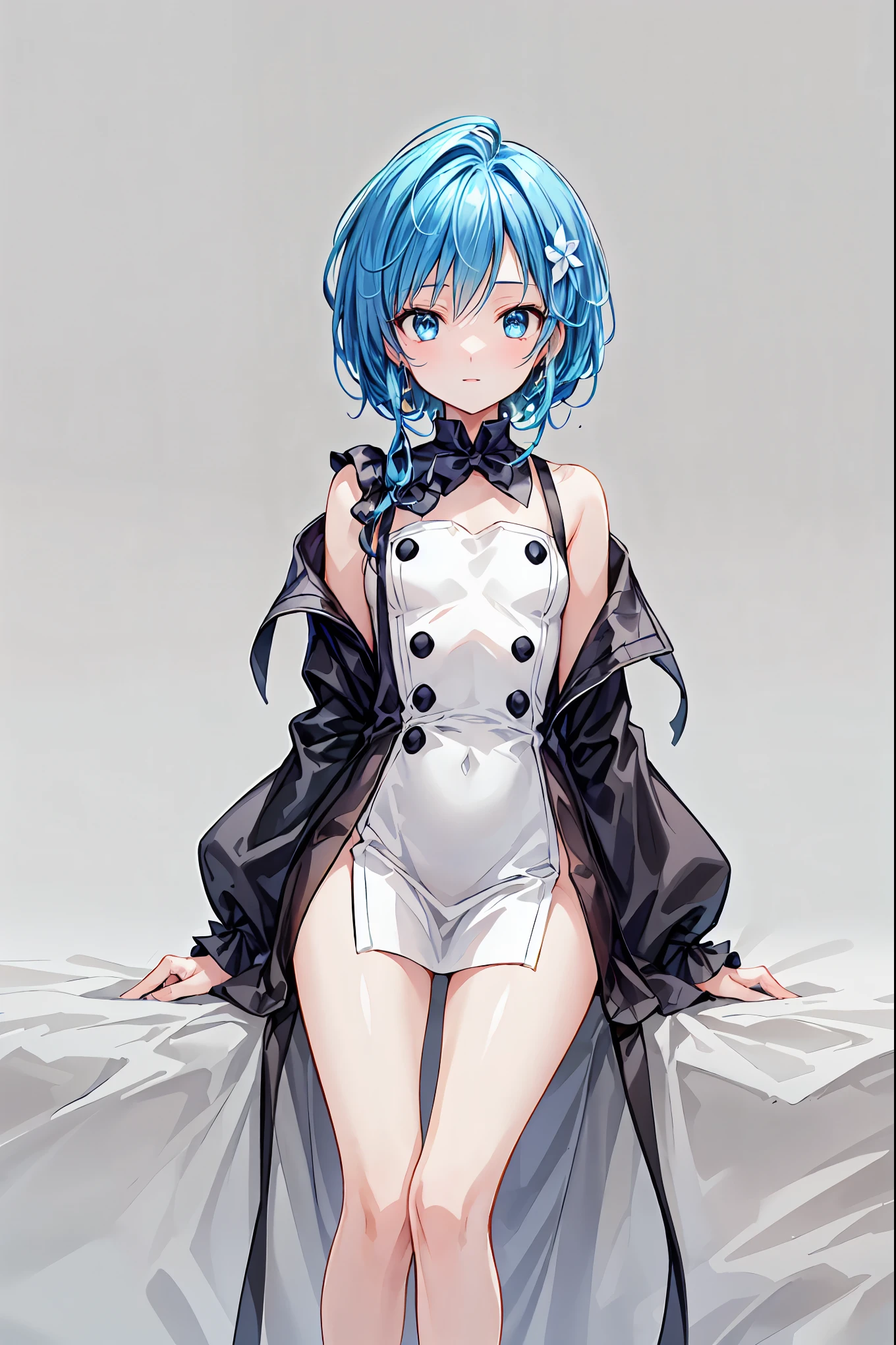 ((Sixteen Nights)), ((Touhou Project)), Cosplay, 20-year-old woman, (((Gray hair)), ((Medium spiky hair)), ((Blue maid uniform-style leotard)), ((White blouse)), midchest, (light)))), (Pose))), (photographrealistic: 1.3), rim lighting, (High Detail Skin:1.2), 8K UHD, Digital SLR, High quality, High resolution, 4K, 8K, Bokeh, absurdity, Best ratio four fingers and one thumb, (Real:1.3), Cute One Girl, Lots of knives