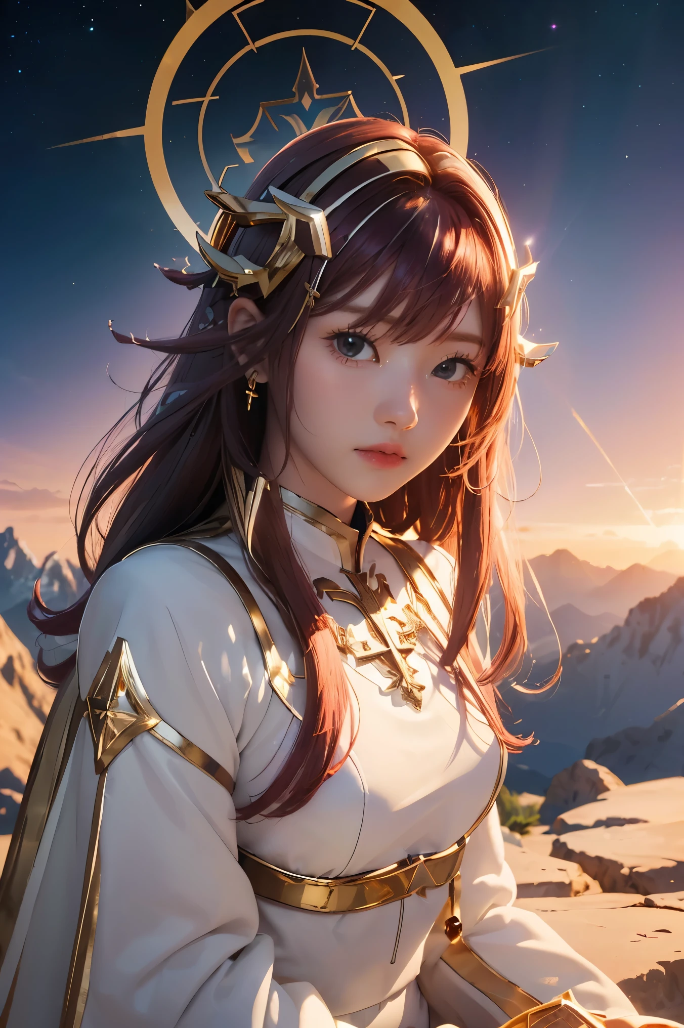 ((masterpiece, best quality, extremely detailed), volumetric lighting, ambient occlusion, colorful, glowing), 1girl, solo, young girl, (maroon hair with bangs), long hair, halo, aura, sacred, goddess, cleric suit, (white outfit with gold detailst:1.3), armor, outdoors, sunset, sky, clouds, space, (fantasy theme:1.2),