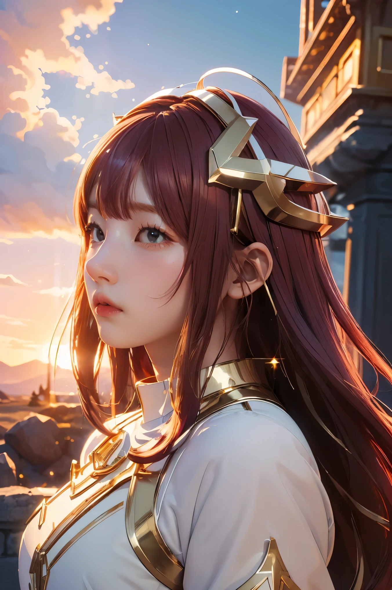 ((masterpiece, best quality, extremely detailed), volumetric lighting, ambient occlusion, colorful, glowing), 1girl, solo, young girl, (maroon hair with bangs), long hair, halo, aura, sacred, goddess, cleric suit, (white outfit with gold detailst:1.3), armor, outdoors, sunset, sky, clouds, space, (fantasy theme:1.2),