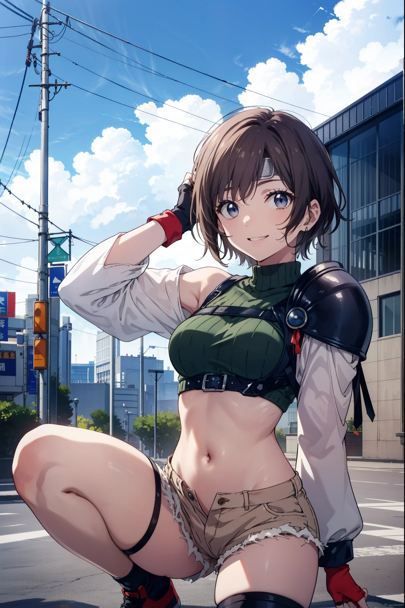 ((topless)), nsfw, masterpiece, 1 girl, erect nipples, intricately detailed, navel, bare shoulders, brown hair, hard hat, construction site, towel on neck, wiping sweat, baggy pants, cargo pants, extremely detailed, bare breasts, puffy nipples, green eyes, bare stomach, sweaty, medium breasts, arm strap, cowboy shot, holding sledgehammer, , chain, soft eyes, smiling, day, belt, rubble, short hair